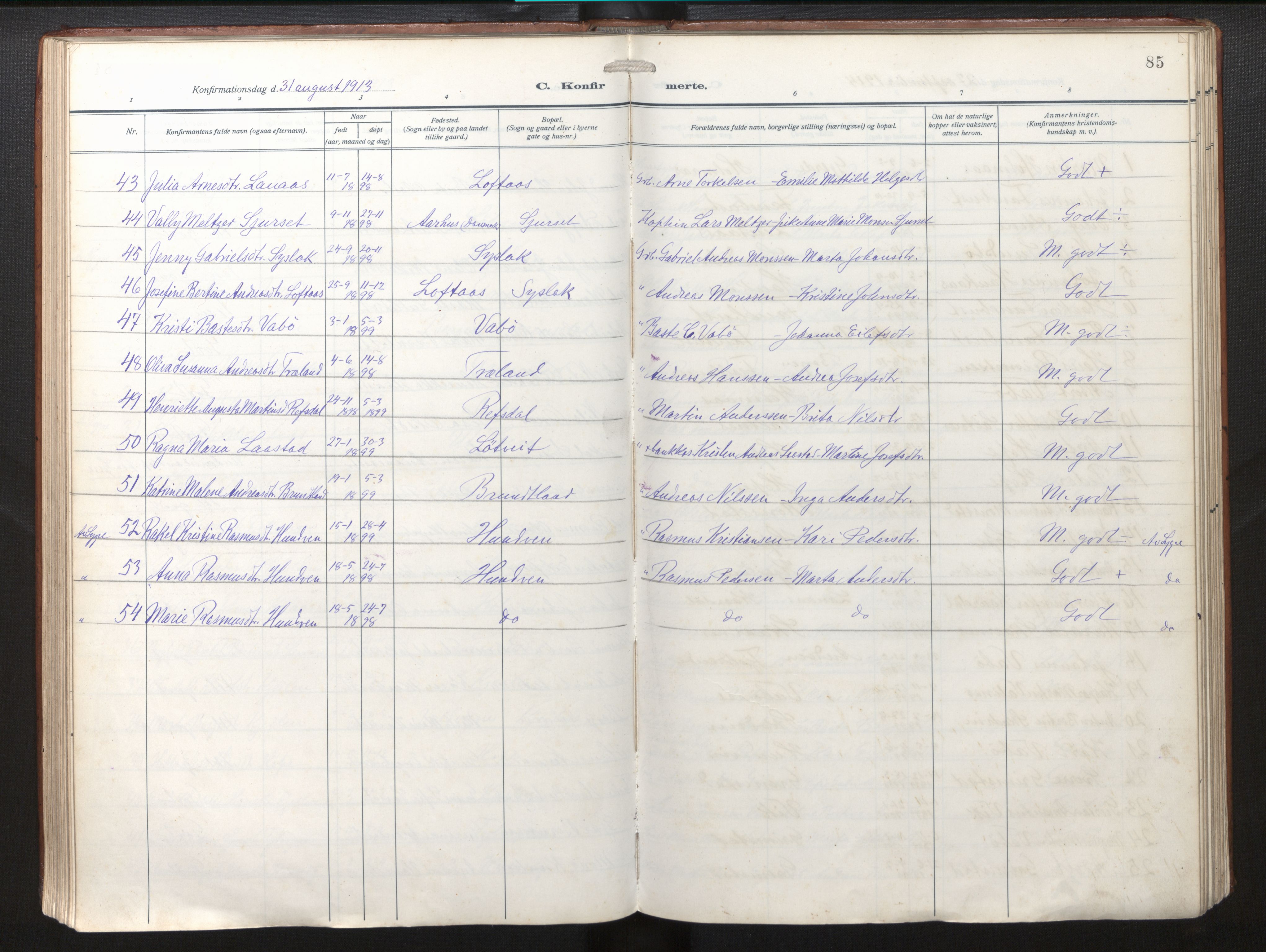 Lindås Sokneprestembete, AV/SAB-A-76701/H/Haa/Haab/L0003: Parish register (official) no. B 3, 1912-1929, p. 85