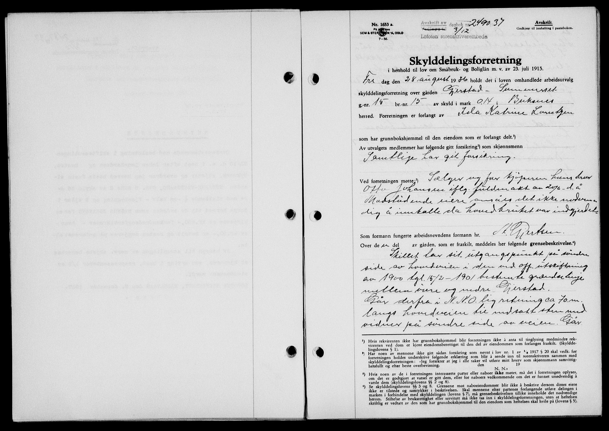 Lofoten sorenskriveri, SAT/A-0017/1/2/2C/L0003a: Mortgage book no. 3a, 1937-1938, Diary no: : 2490/1937