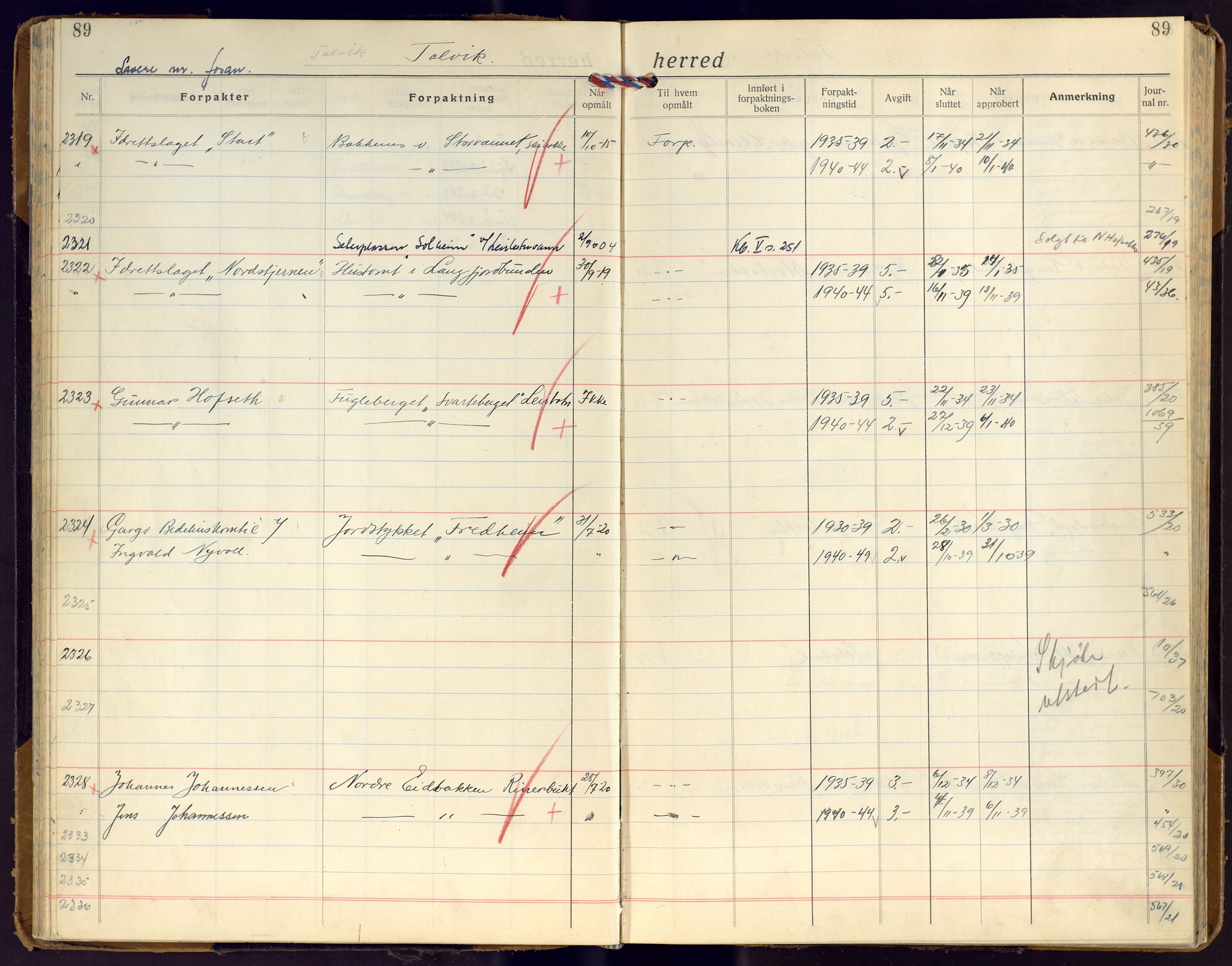 Finnmark jordsalgskommisjon/jordsalgskontor og Statskog SF Finnmark jordsalgskontor, AV/SATØ-S-1443/J/Ja/L0010: Forpaktningsbok for Finnmark I, 1916-1947, p. 89