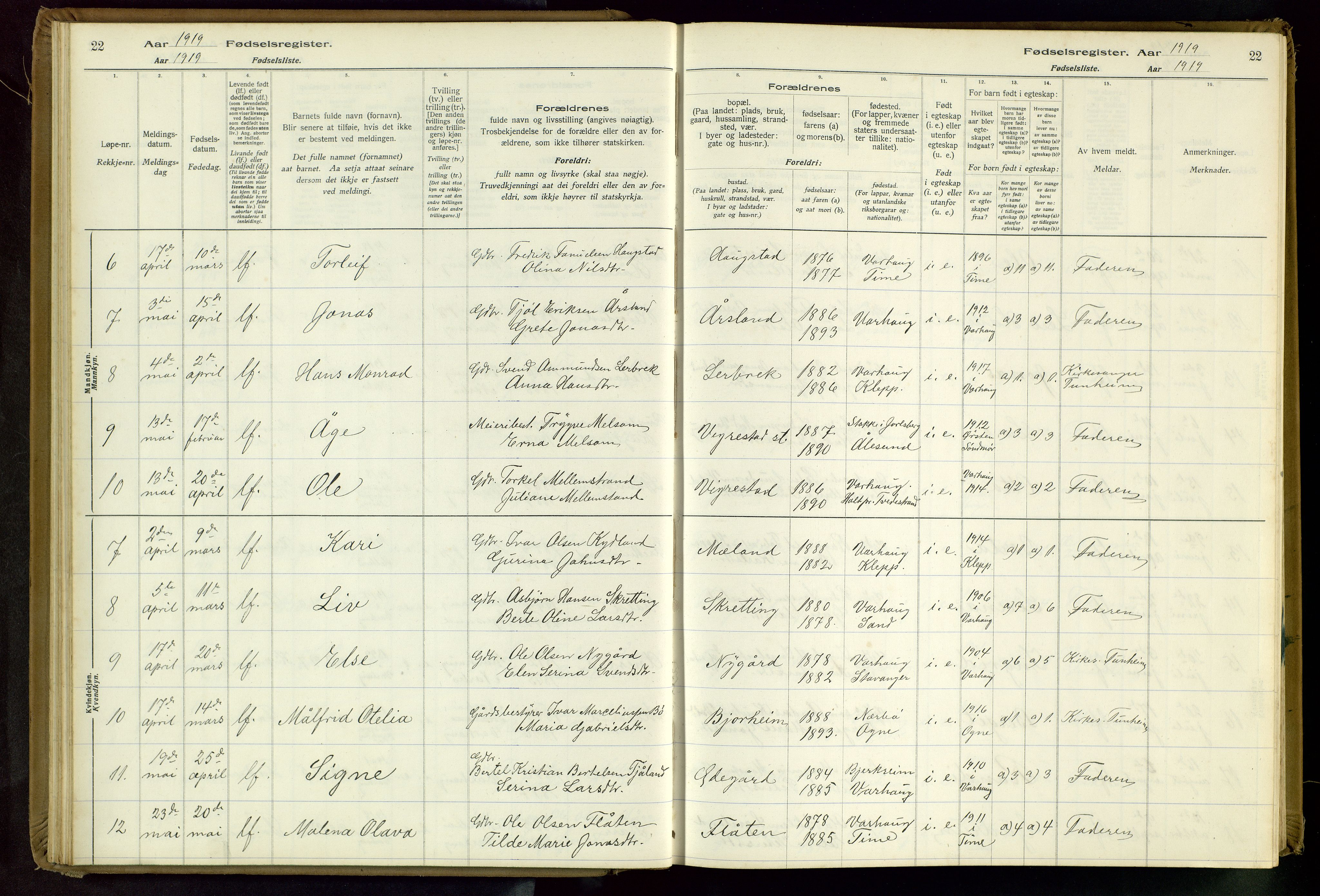 Hå sokneprestkontor, SAST/A-101801/001/704BA/L0001: Birth register no. 1, 1916-1944, p. 22