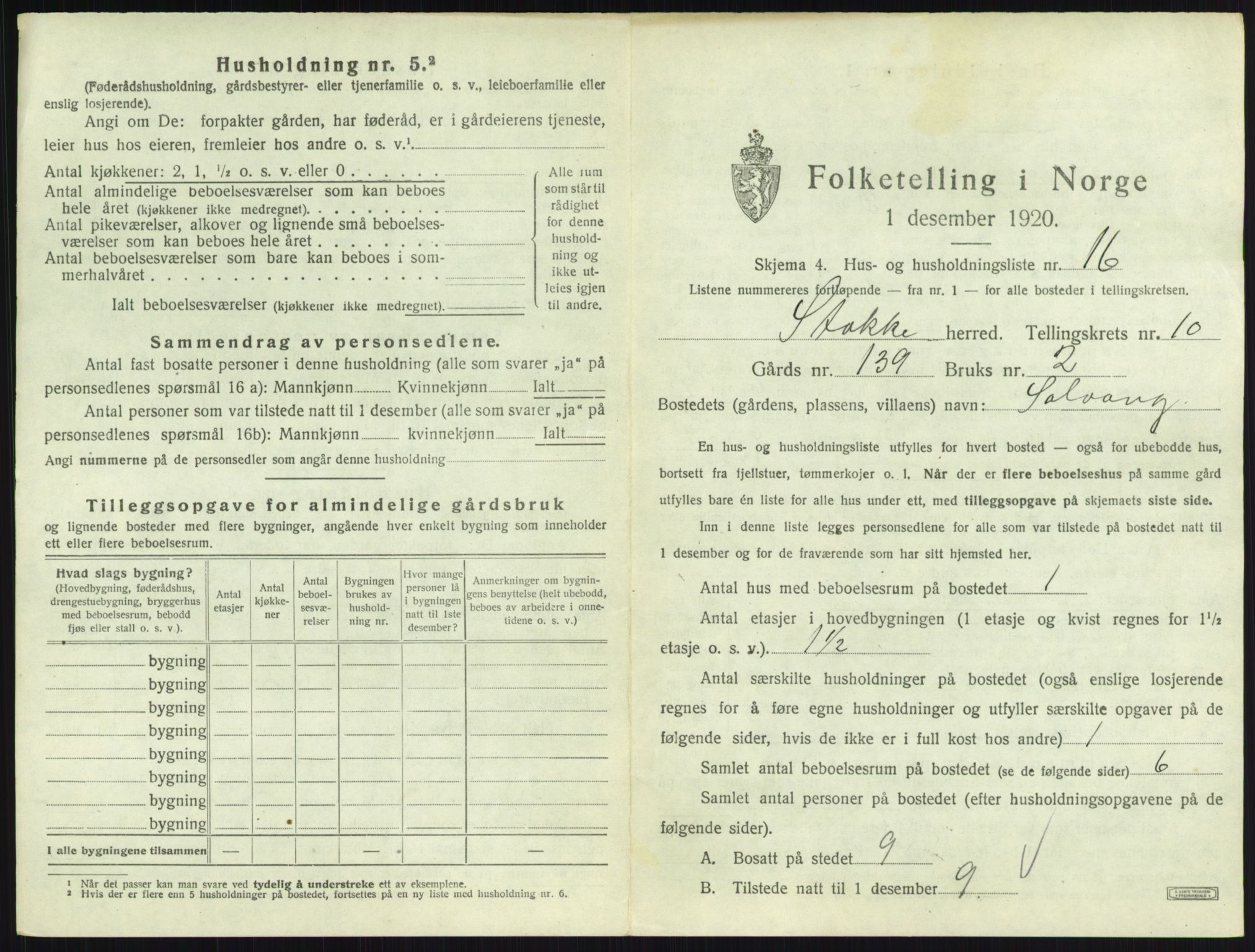 SAKO, 1920 census for Stokke, 1920, p. 1850