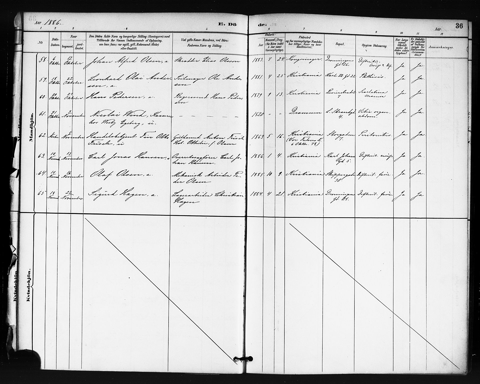 Oslo domkirke Kirkebøker, AV/SAO-A-10752/F/Fa/L0035: Parish register (official) no. 35, 1885-1901, p. 36
