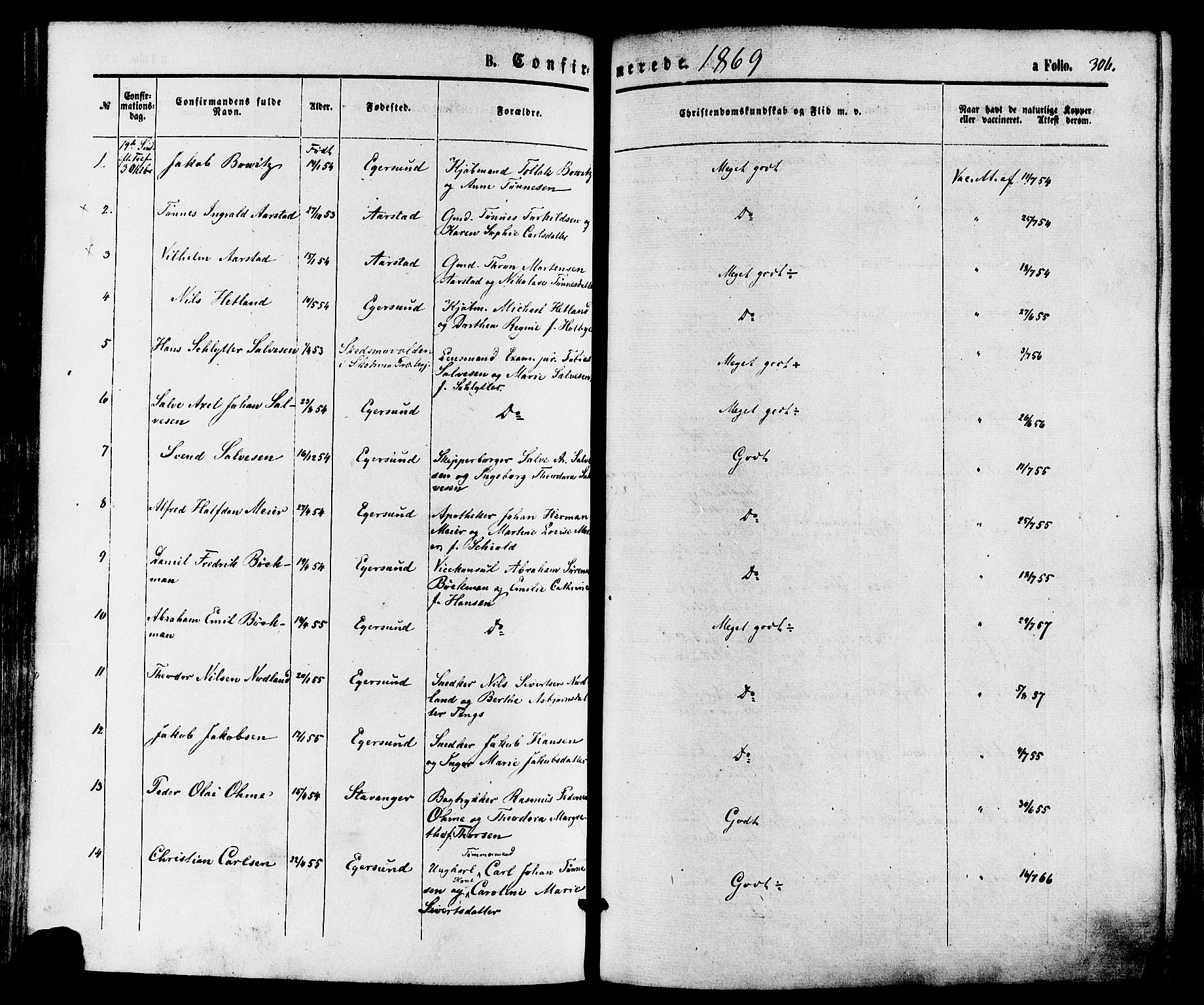 Eigersund sokneprestkontor, AV/SAST-A-101807/S08/L0014: Parish register (official) no. A 13, 1866-1878, p. 306