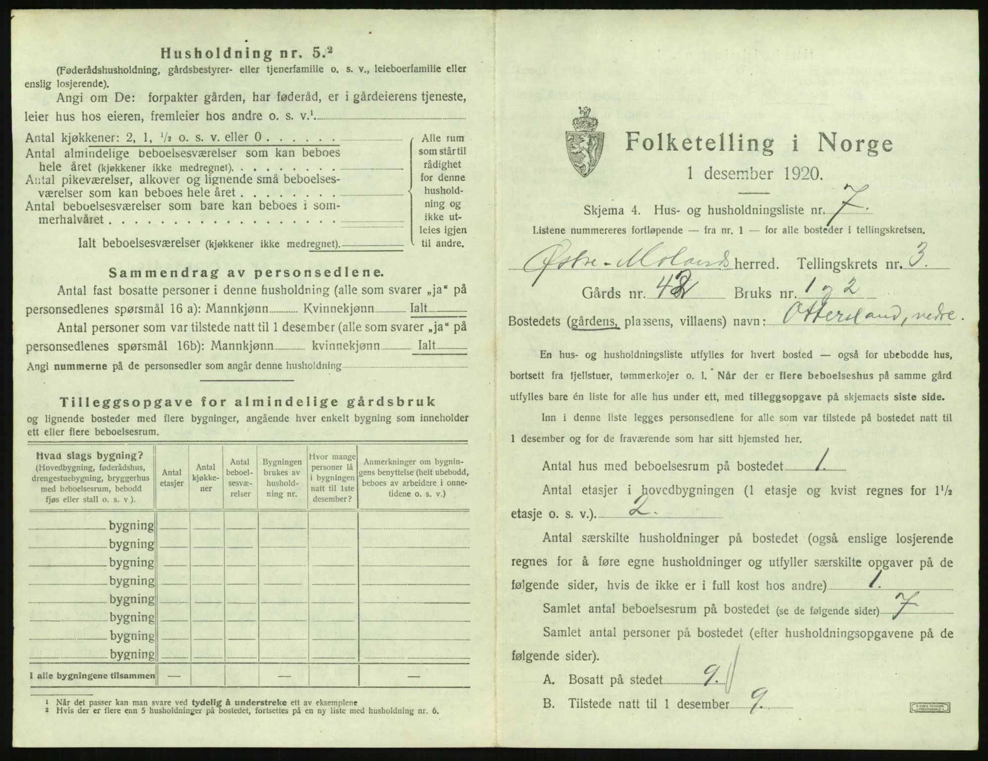 SAK, 1920 census for Austre Moland, 1920, p. 233