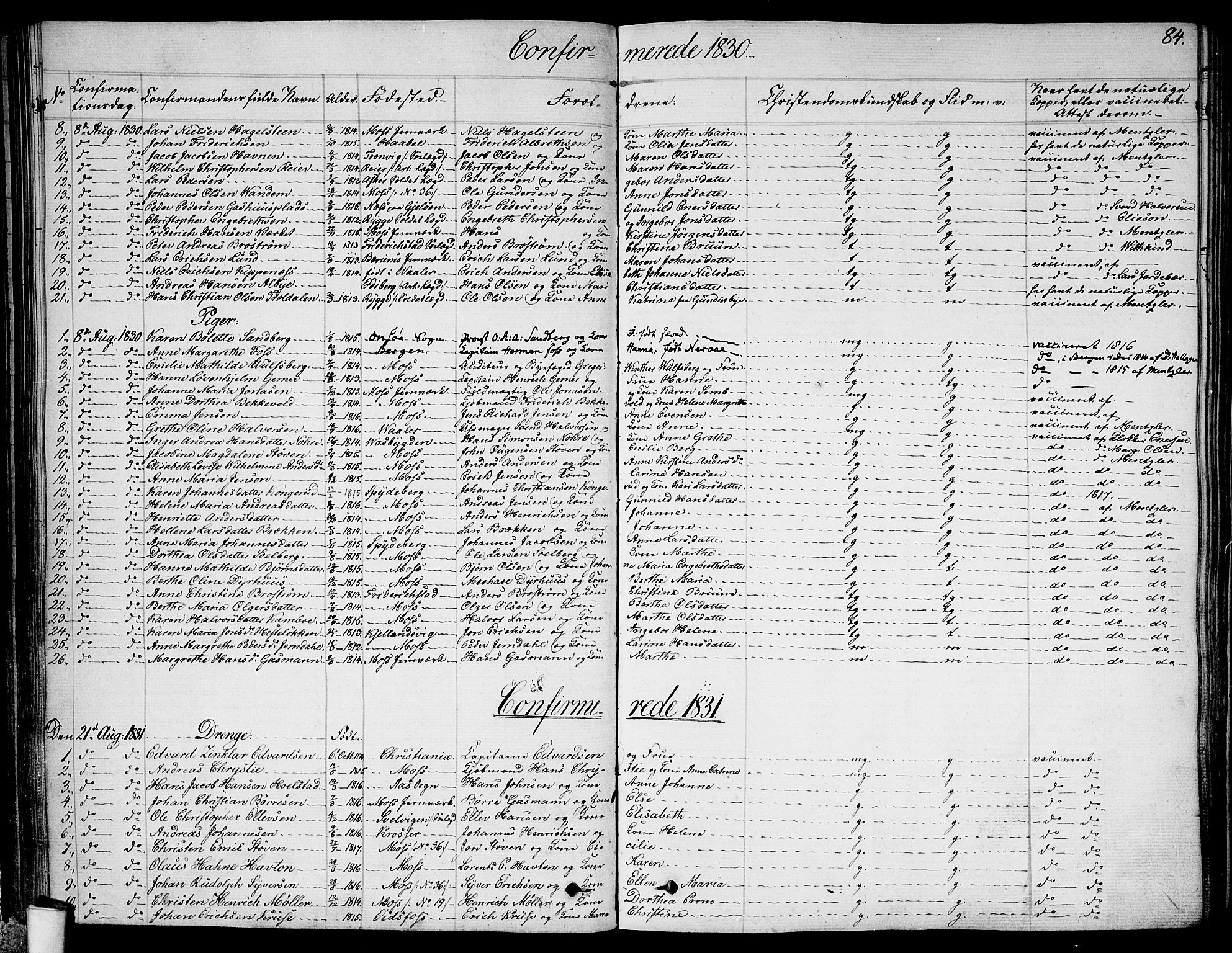 Moss prestekontor Kirkebøker, SAO/A-2003/F/Fa/L0006: Parish register (official) no. I 6, 1829-1844, p. 84