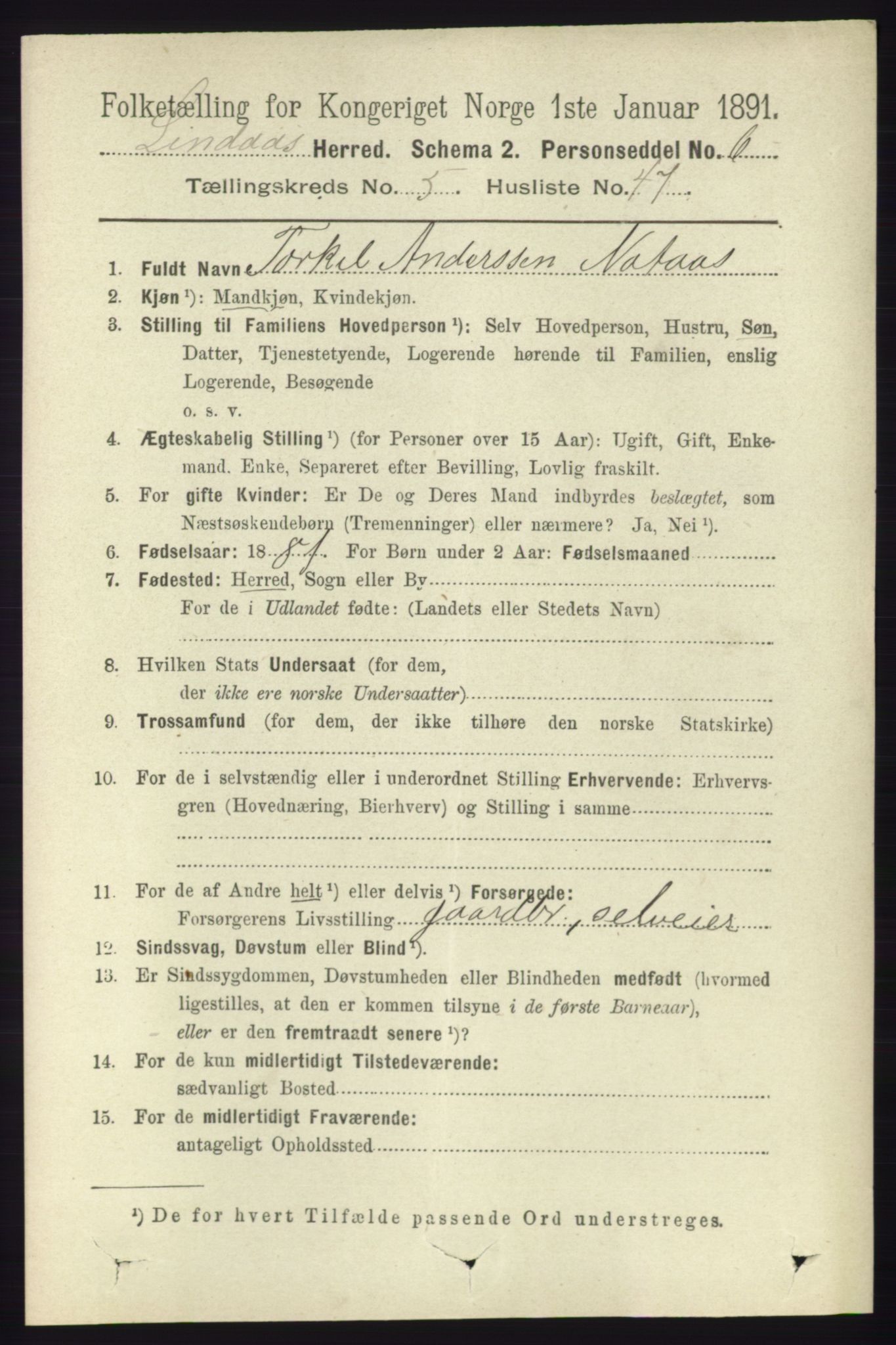 RA, 1891 census for 1263 Lindås, 1891, p. 1816