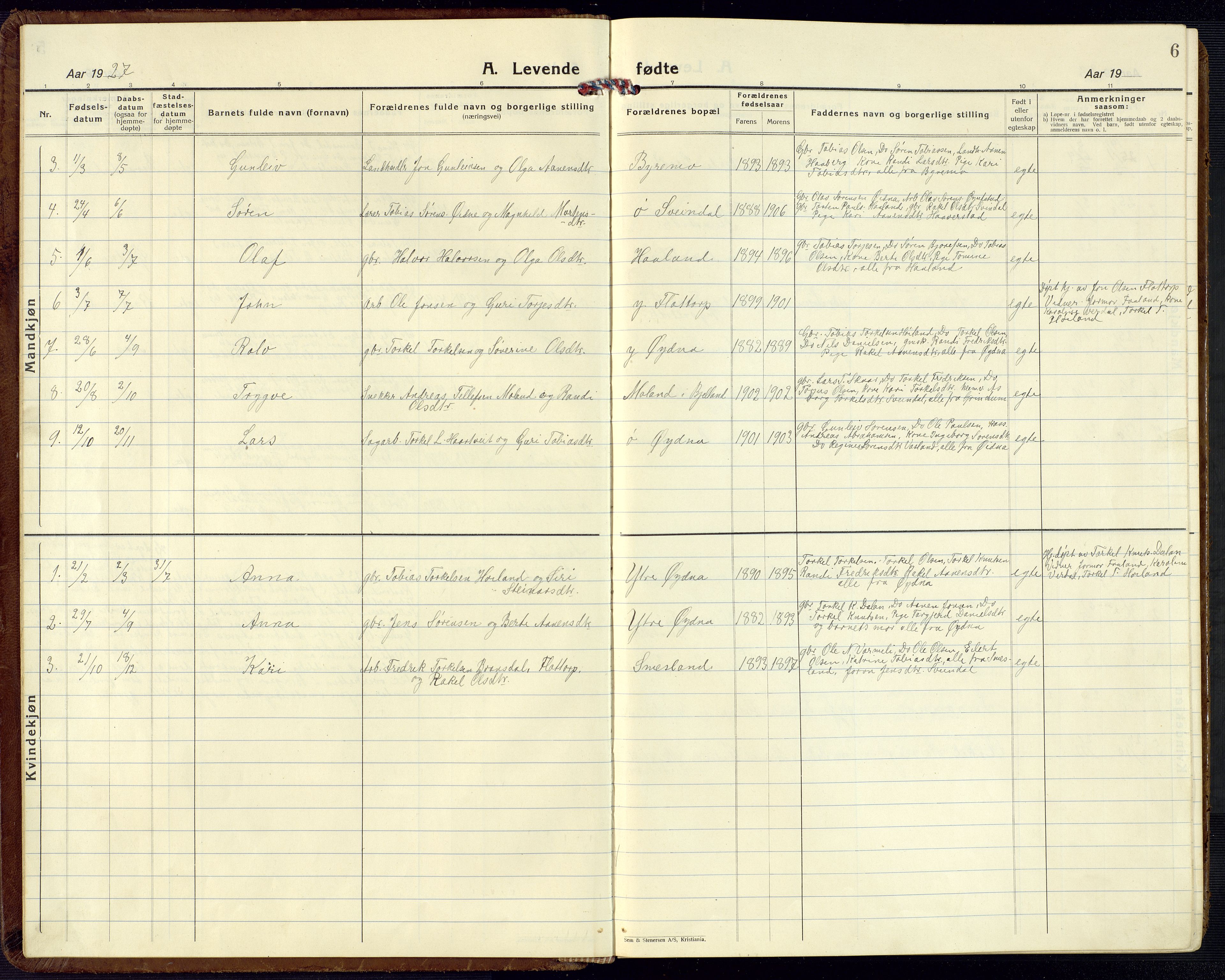 Bjelland sokneprestkontor, SAK/1111-0005/F/Fb/Fbc/L0004: Parish register (copy) no. B 4, 1921-1978, p. 6
