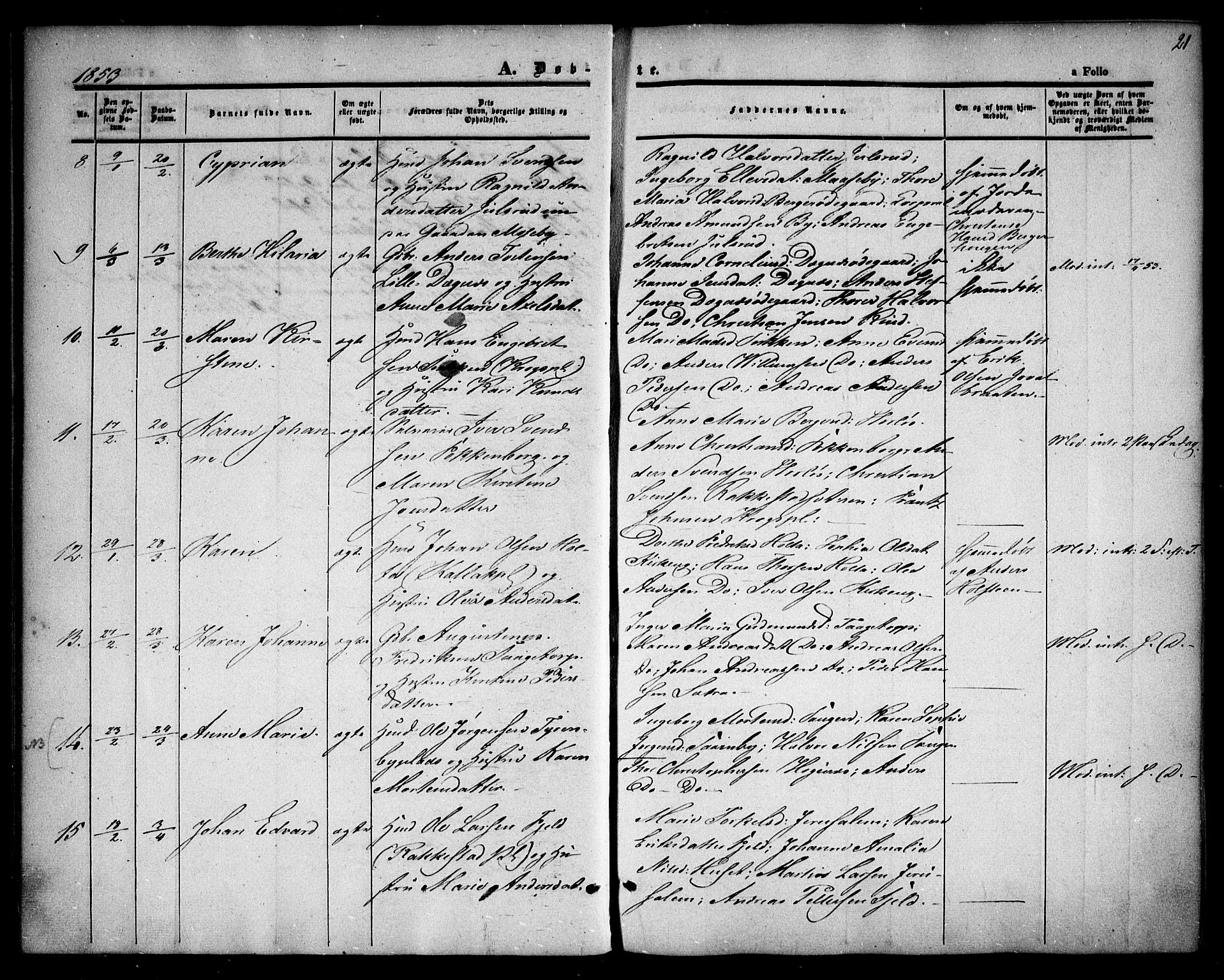 Rødenes prestekontor Kirkebøker, AV/SAO-A-2005/F/Fa/L0006: Parish register (official) no. I 6, 1850-1859, p. 21