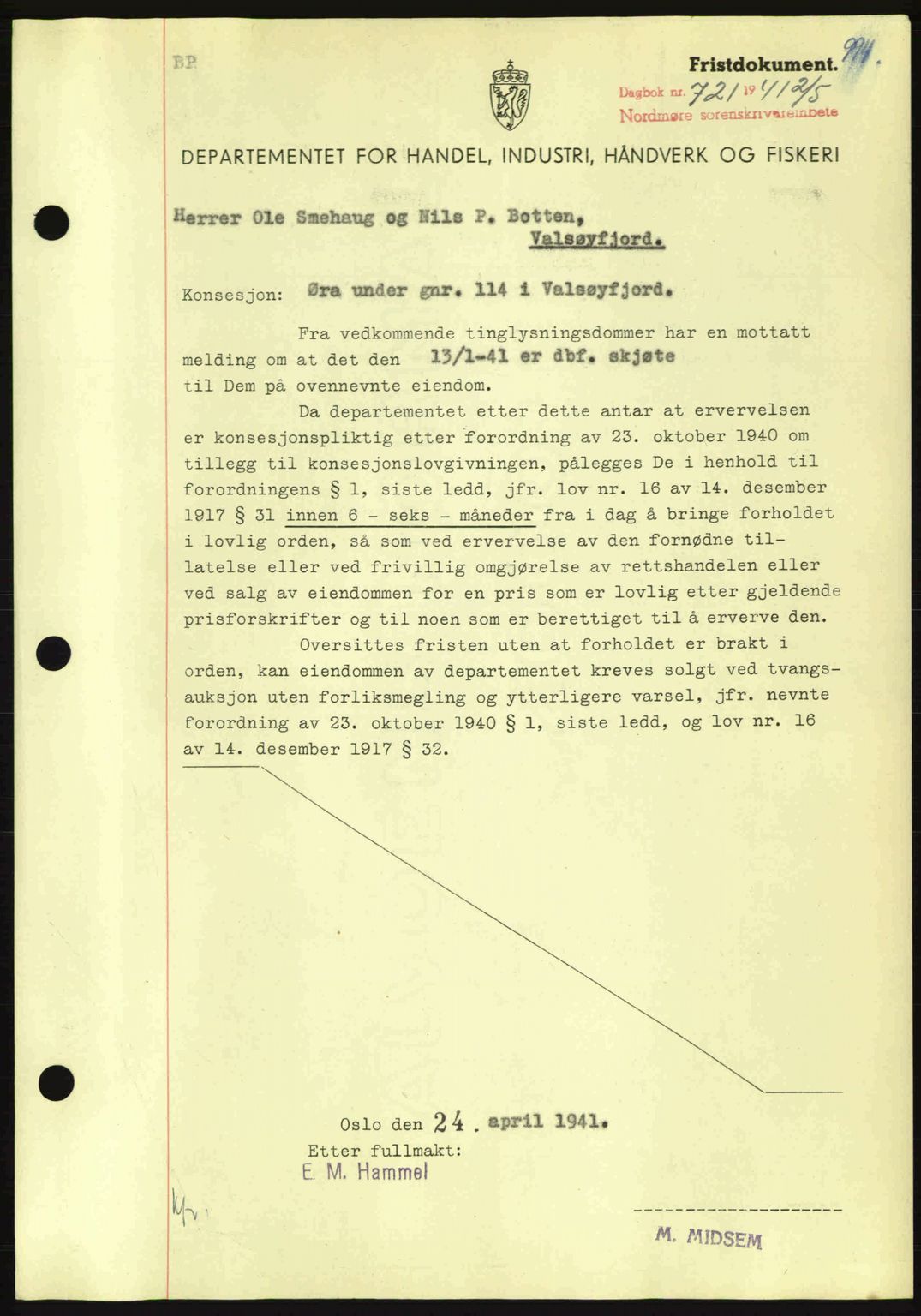 Nordmøre sorenskriveri, AV/SAT-A-4132/1/2/2Ca: Mortgage book no. B87, 1940-1941, Diary no: : 721/1941