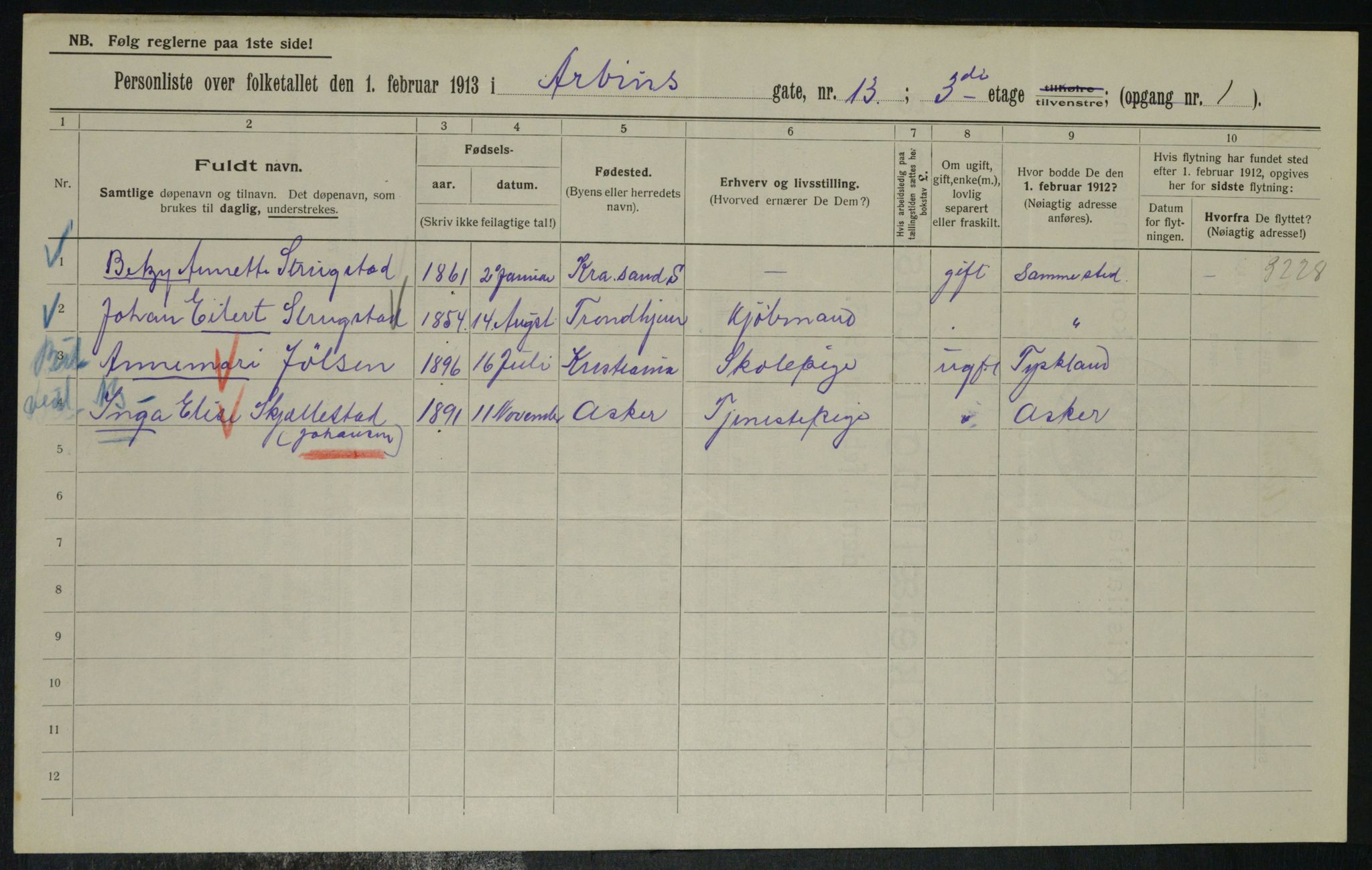 OBA, Municipal Census 1913 for Kristiania, 1913, p. 1614