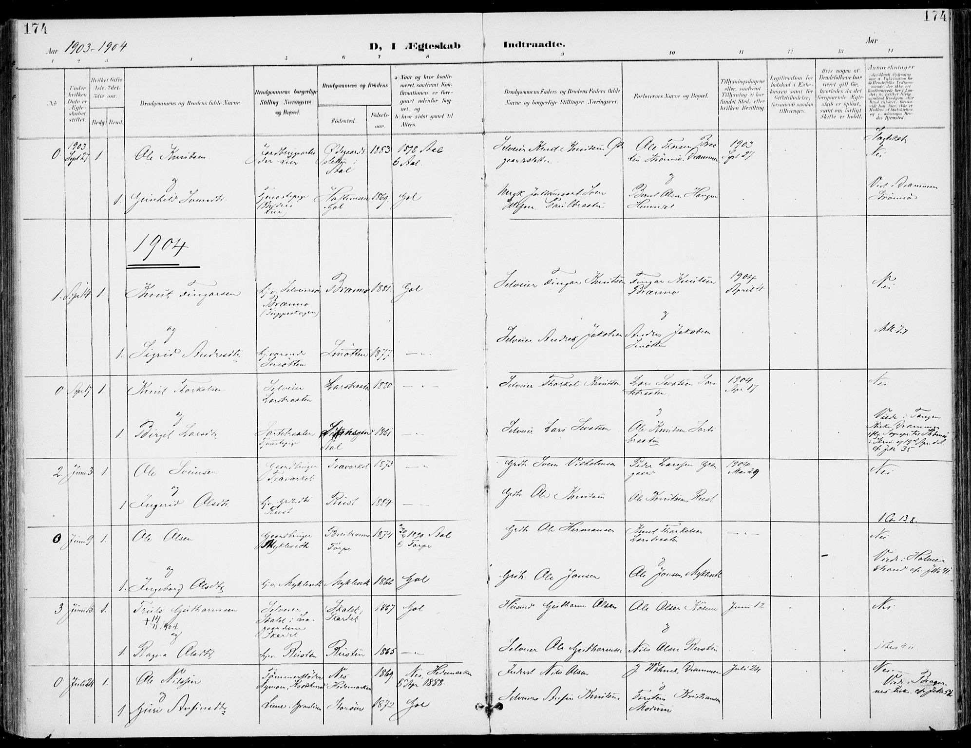 Gol kirkebøker, AV/SAKO-A-226/F/Fa/L0006: Parish register (official) no. I 6, 1901-1918, p. 174