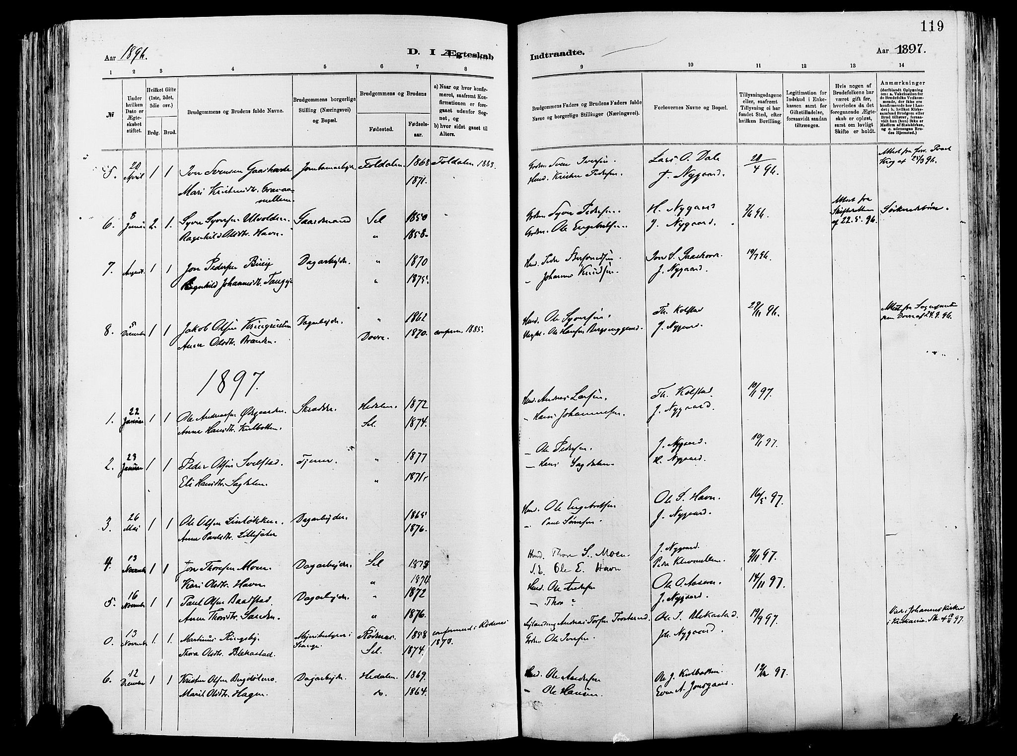 Vågå prestekontor, SAH/PREST-076/H/Ha/Haa/L0008: Parish register (official) no. 8, 1886-1904, p. 119