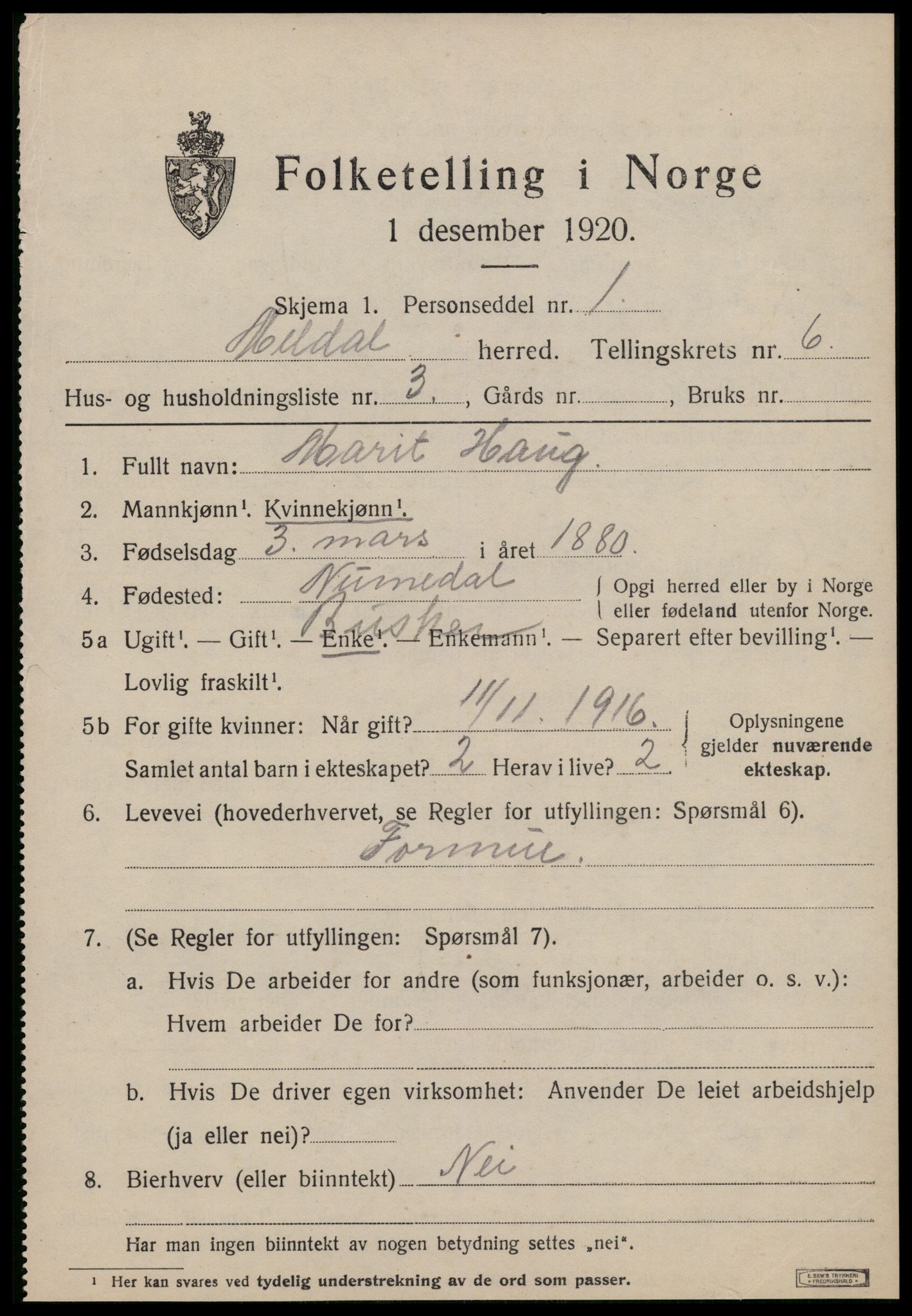 SAT, 1920 census for Meldal, 1920, p. 5907