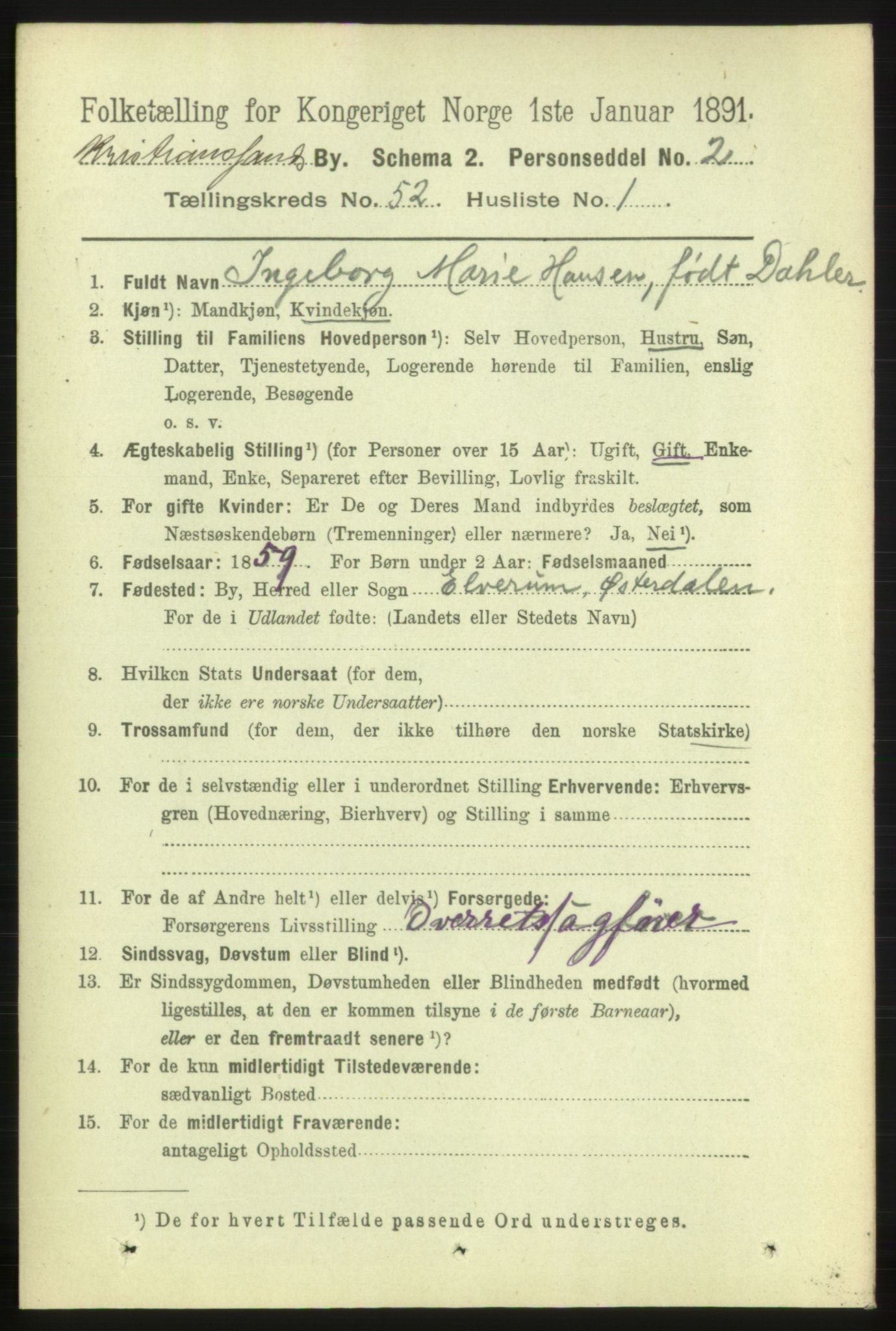 RA, 1891 census for 1001 Kristiansand, 1891, p. 15142