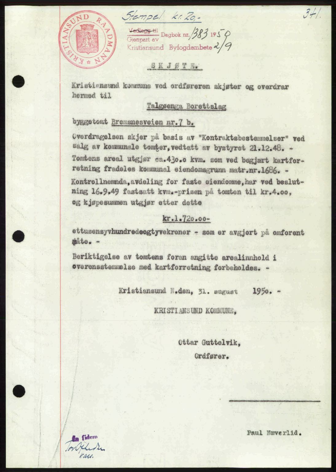 Kristiansund byfogd, AV/SAT-A-4587/A/27: Mortgage book no. 46, 1949-1950, Diary no: : 1383/1950