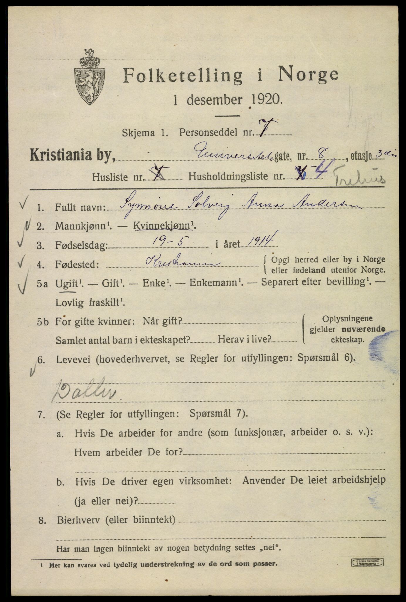 SAO, 1920 census for Kristiania, 1920, p. 618379