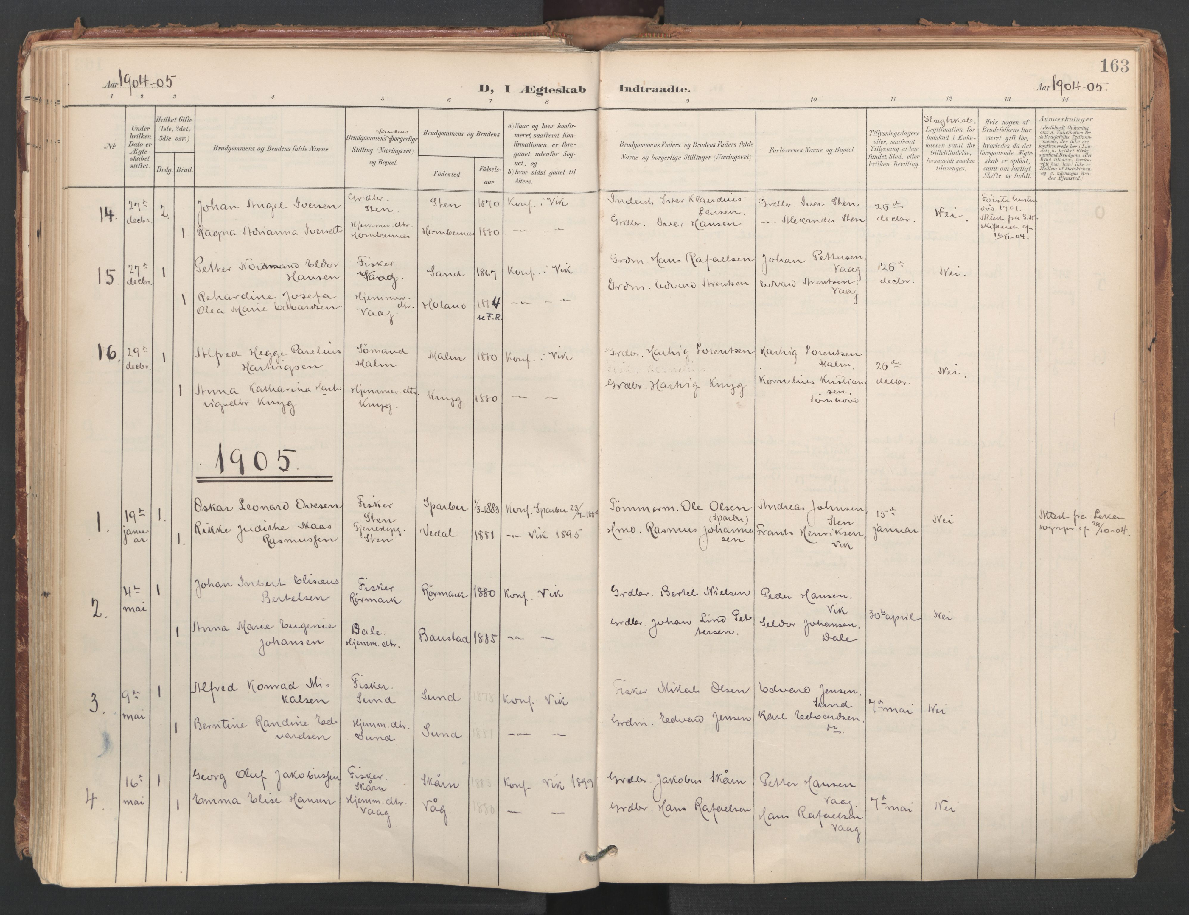 Ministerialprotokoller, klokkerbøker og fødselsregistre - Nordland, SAT/A-1459/812/L0180: Parish register (official) no. 812A09, 1901-1915, p. 163