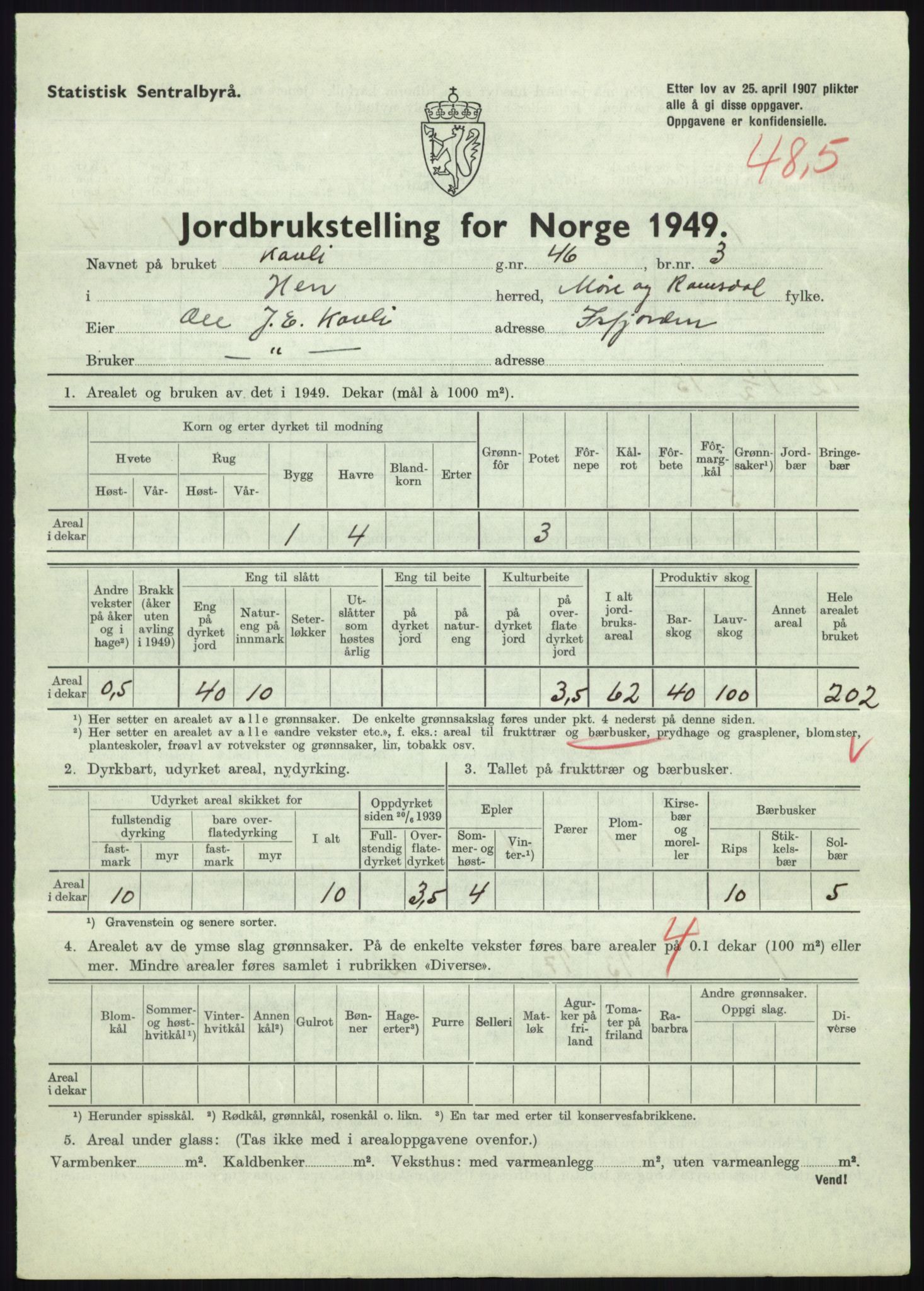 Statistisk sentralbyrå, Næringsøkonomiske emner, Jordbruk, skogbruk, jakt, fiske og fangst, AV/RA-S-2234/G/Gc/L0323: Møre og Romsdal: Grytten og Hen, 1949, p. 809