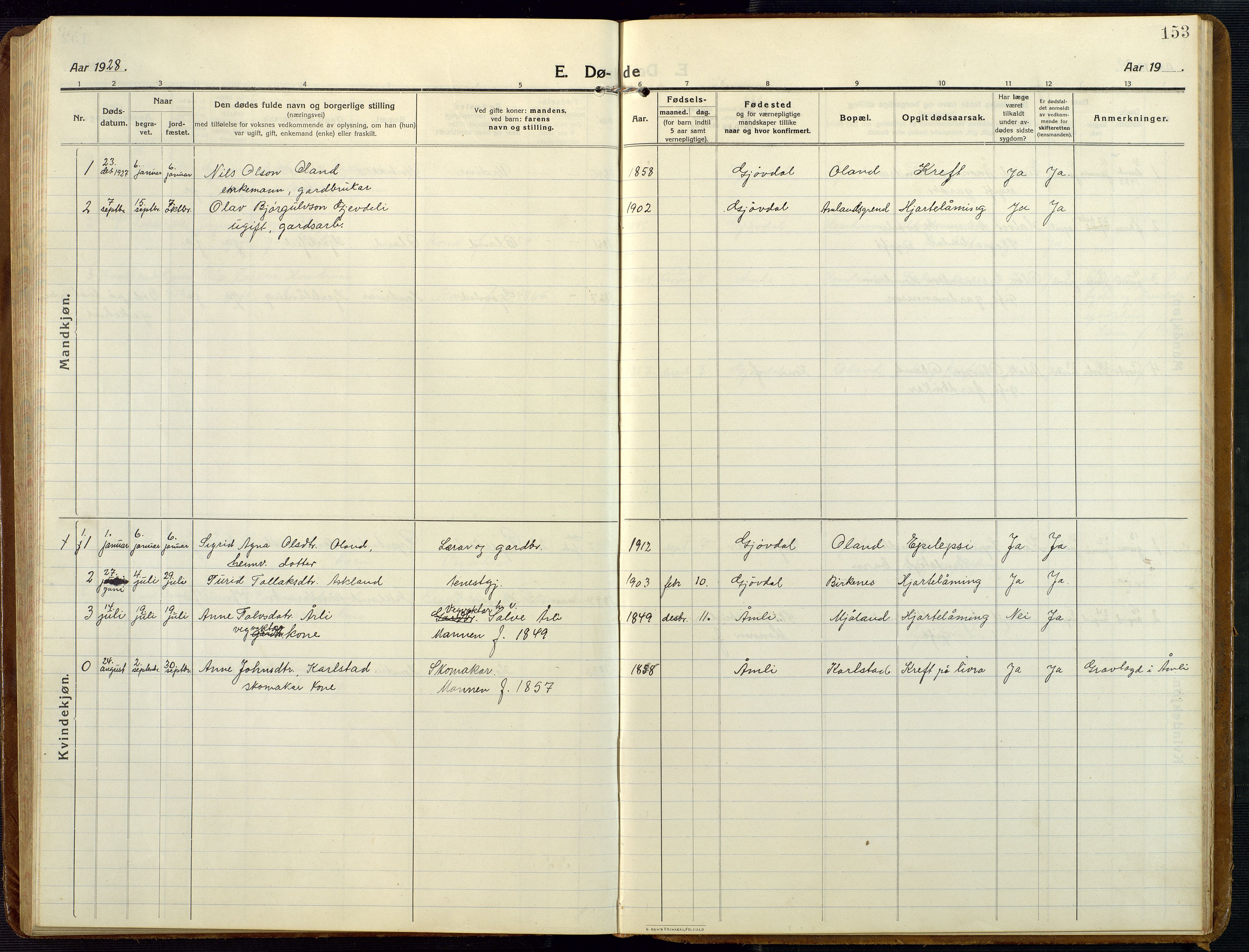 Åmli sokneprestkontor, AV/SAK-1111-0050/F/Fb/Fba/L0003: Parish register (copy) no. B 3, 1912-1974, p. 153