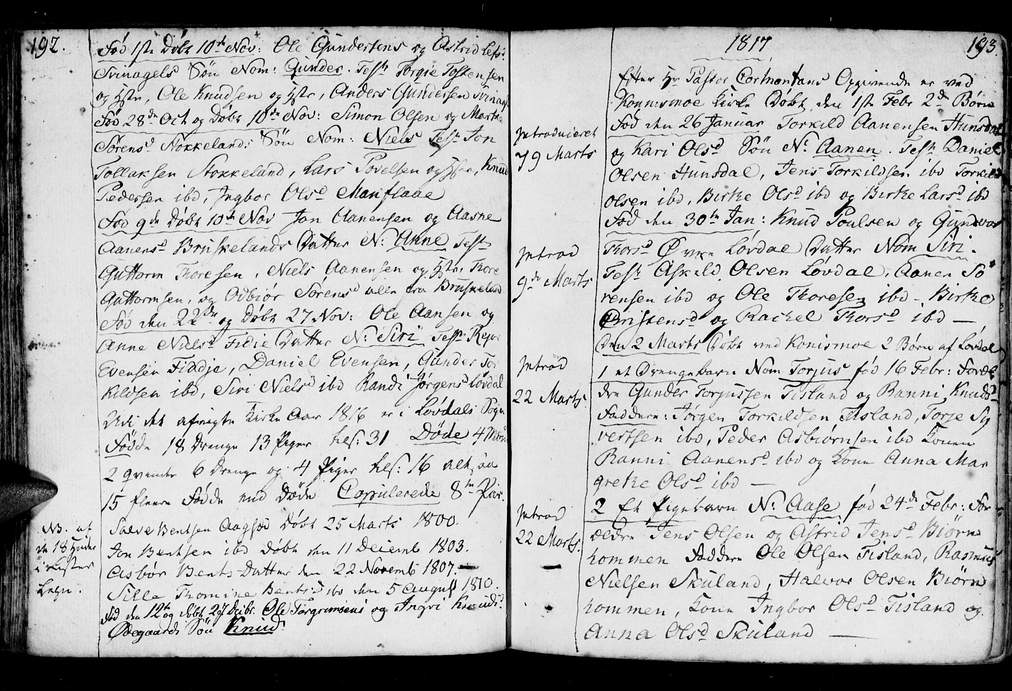 Holum sokneprestkontor, SAK/1111-0022/F/Fa/Fab/L0004: Parish register (official) no. A 4, 1774-1847, p. 192-193