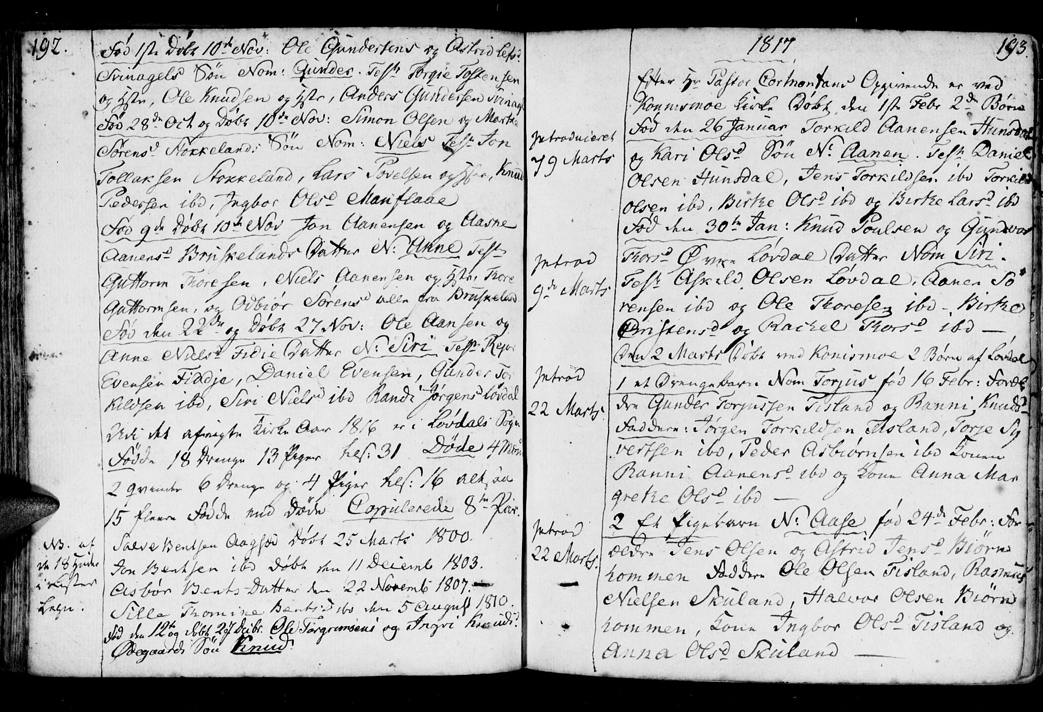 Holum sokneprestkontor, AV/SAK-1111-0022/F/Fa/Fab/L0004: Parish register (official) no. A 4, 1774-1847, p. 192-193