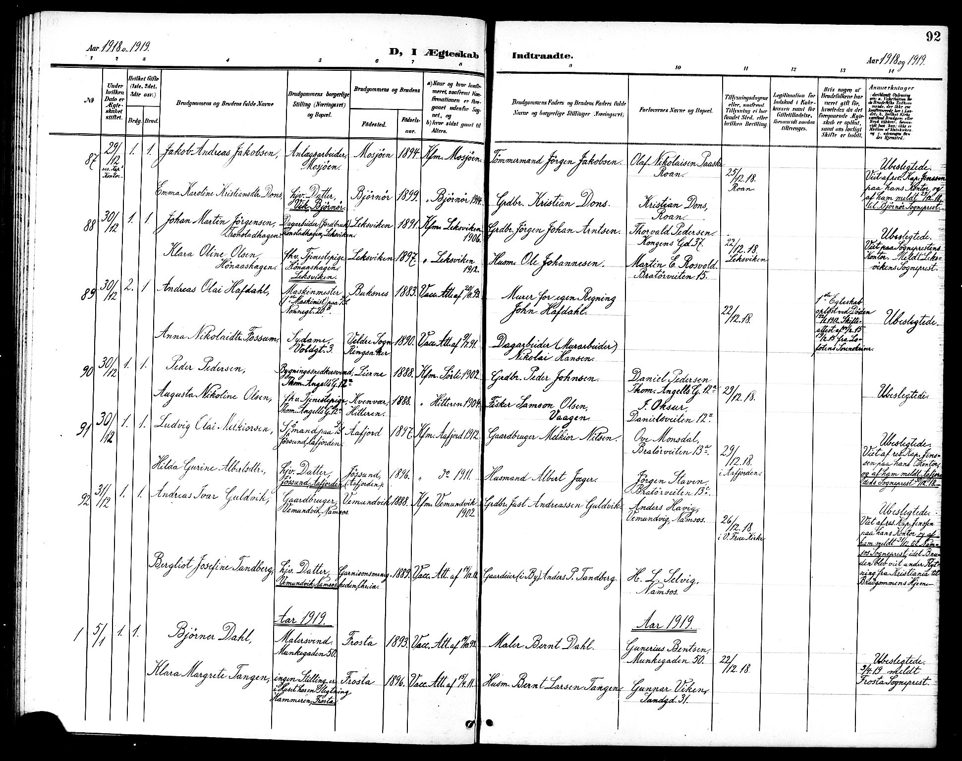 Ministerialprotokoller, klokkerbøker og fødselsregistre - Sør-Trøndelag, SAT/A-1456/602/L0145: Parish register (copy) no. 602C13, 1902-1919, p. 92