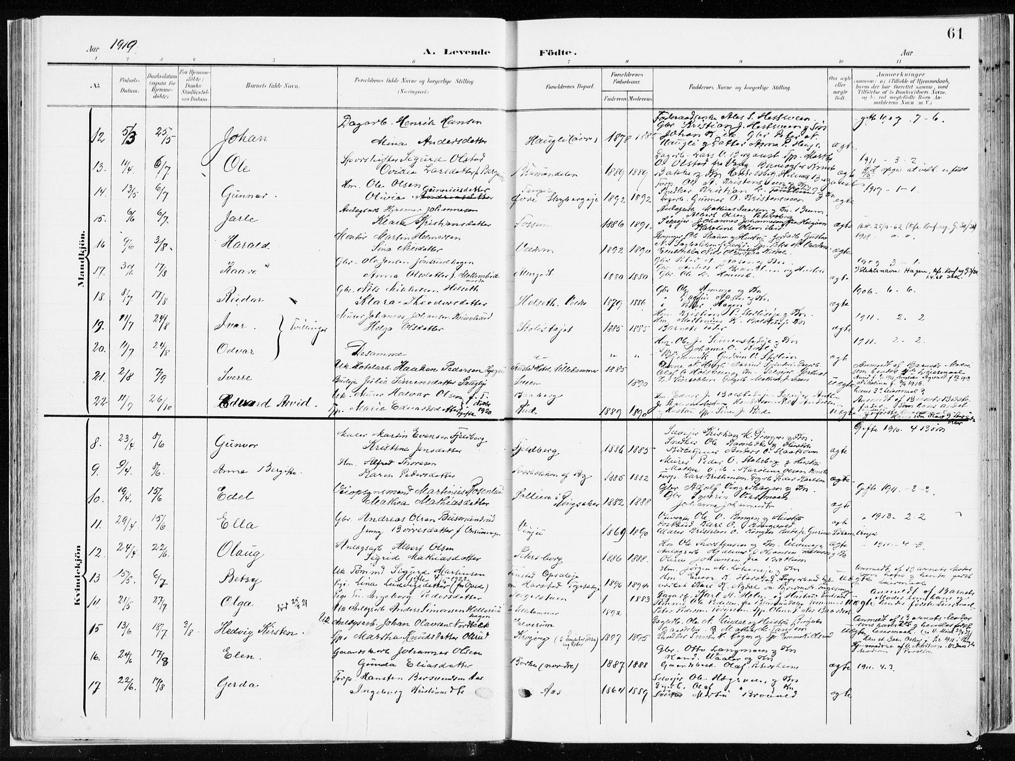 Ringsaker prestekontor, AV/SAH-PREST-014/K/Ka/L0019: Parish register (official) no. 19, 1905-1920, p. 61