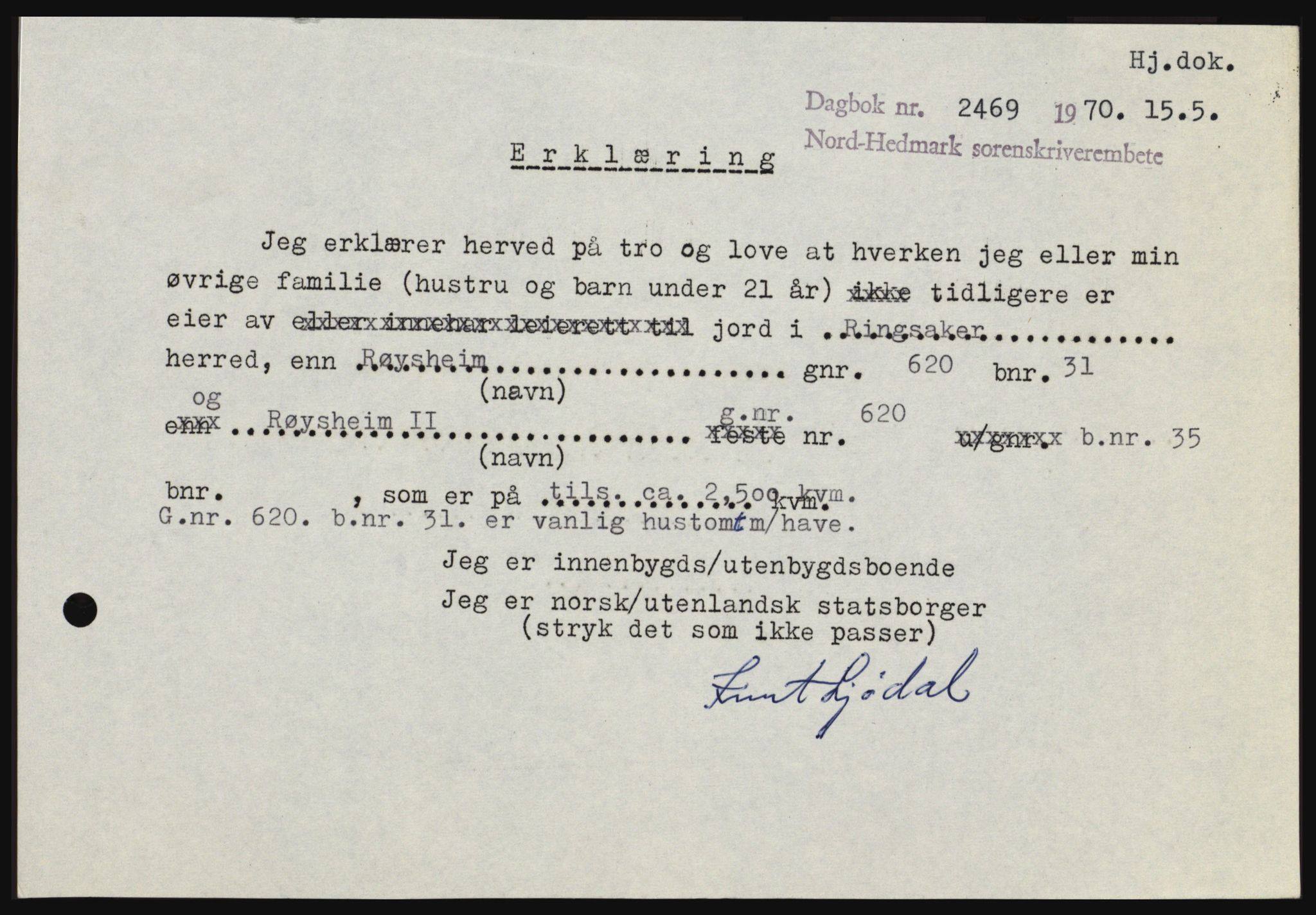Nord-Hedmark sorenskriveri, SAH/TING-012/H/Hc/L0033: Mortgage book no. 33, 1970-1970, Diary no: : 2469/1970