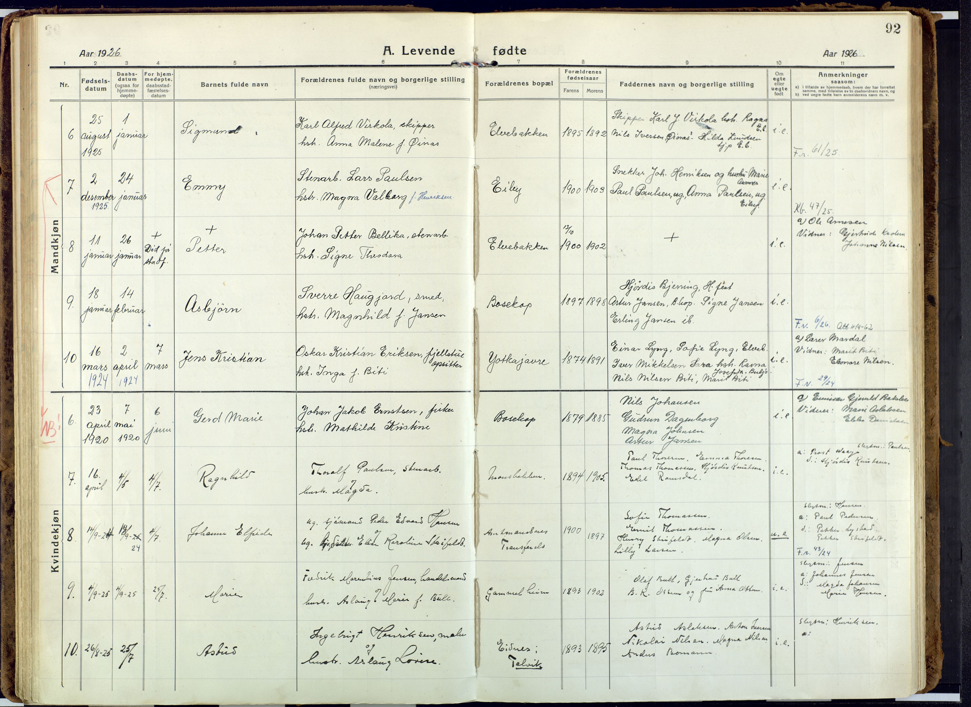 Alta sokneprestkontor, AV/SATØ-S-1338/H/Ha: Parish register (official) no. 6, 1918-1931, p. 92