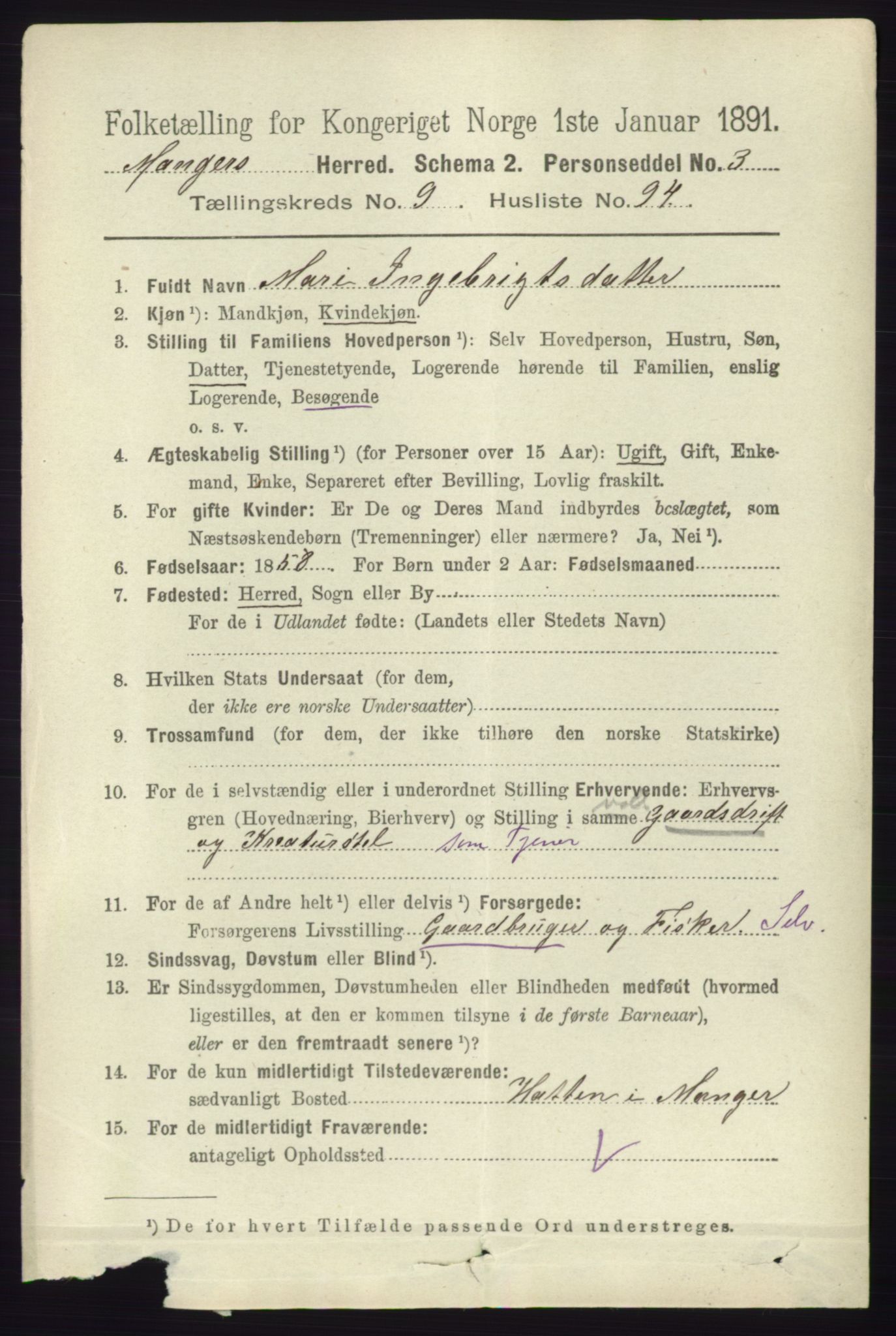 RA, 1891 census for 1261 Manger, 1891, p. 6273
