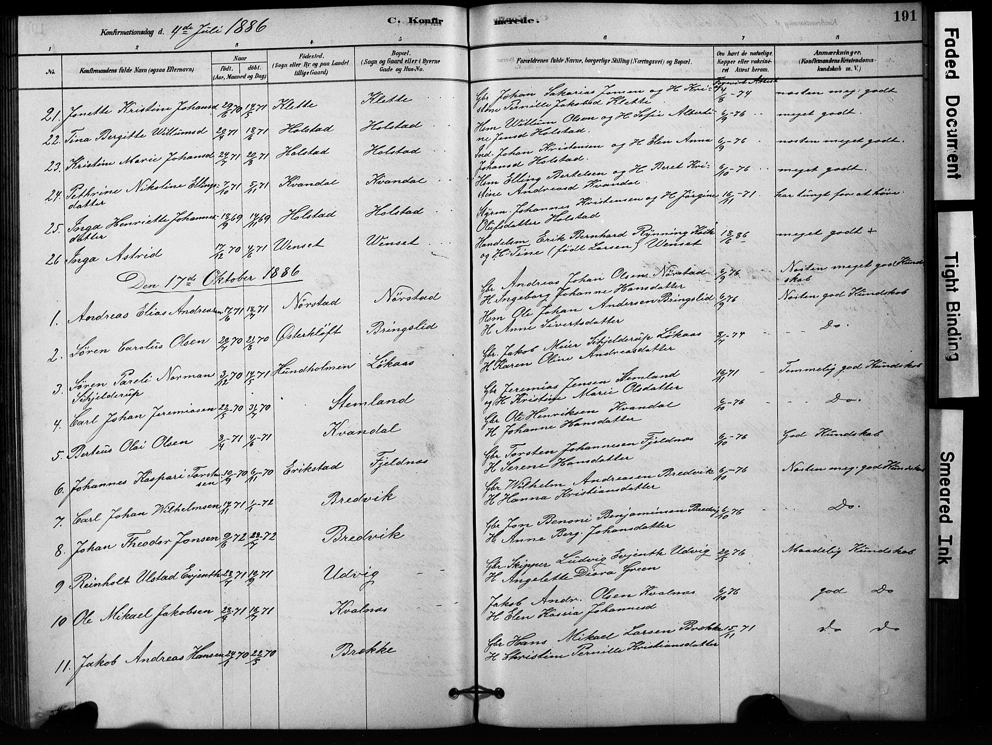 Ministerialprotokoller, klokkerbøker og fødselsregistre - Nordland, AV/SAT-A-1459/852/L0754: Parish register (copy) no. 852C05, 1878-1894, p. 191