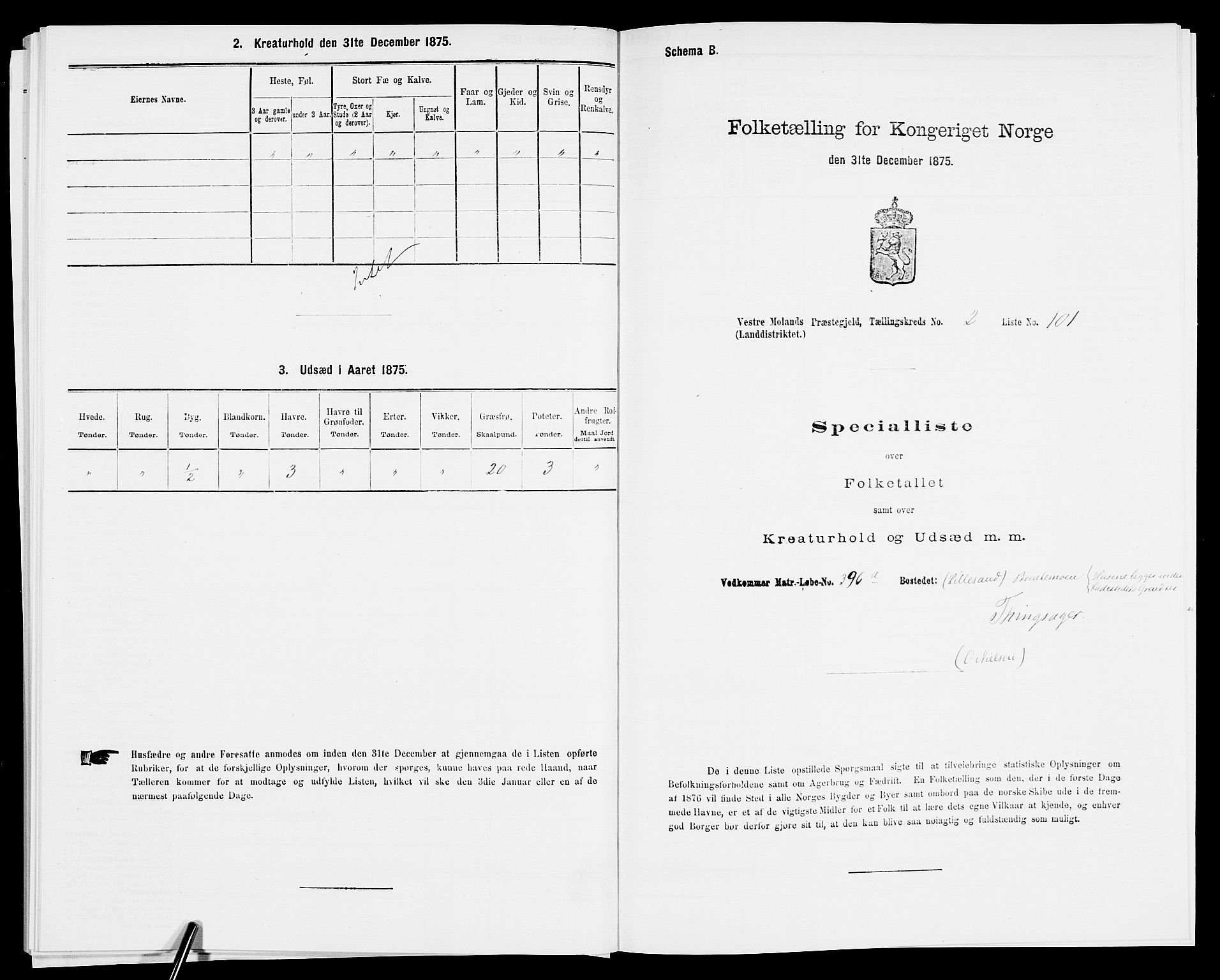 SAK, 1875 census for 0926L Vestre Moland/Vestre Moland, 1875, p. 382