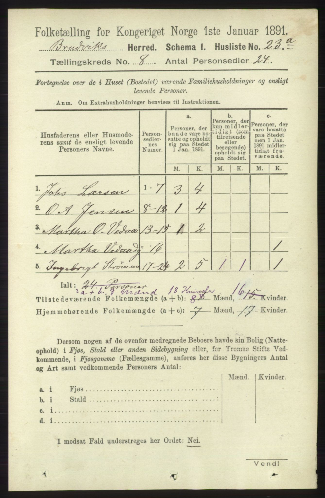 RA, 1891 census for 1251 Bruvik, 1891, p. 2883