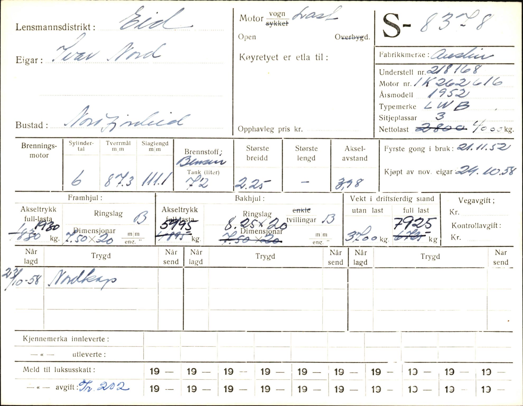 Statens vegvesen, Sogn og Fjordane vegkontor, AV/SAB-A-5301/4/F/L0006: Registerkort utmeldte Fjordane S8300-9500, 1930-1961, p. 124