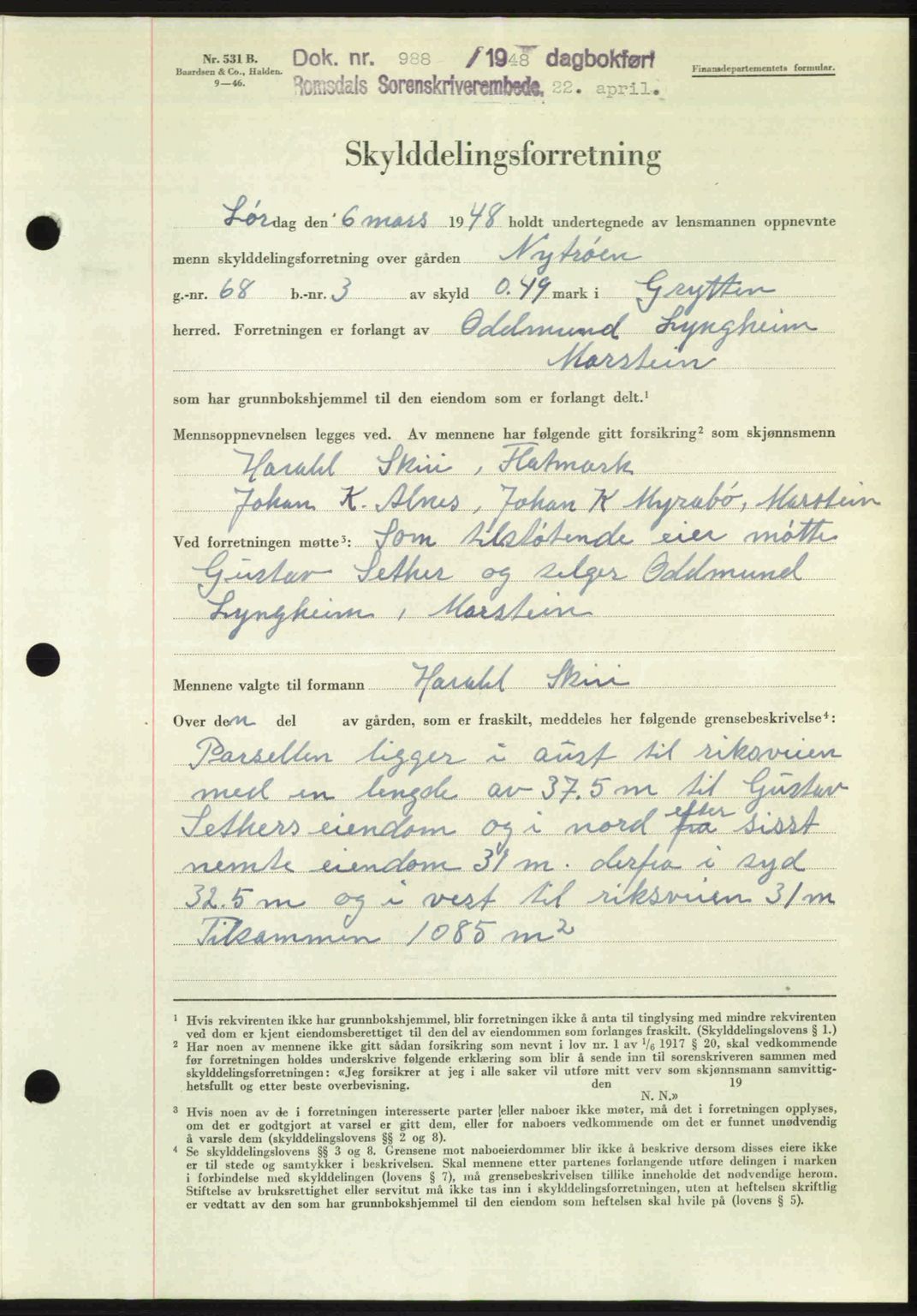 Romsdal sorenskriveri, AV/SAT-A-4149/1/2/2C: Mortgage book no. A26, 1948-1948, Diary no: : 988/1948