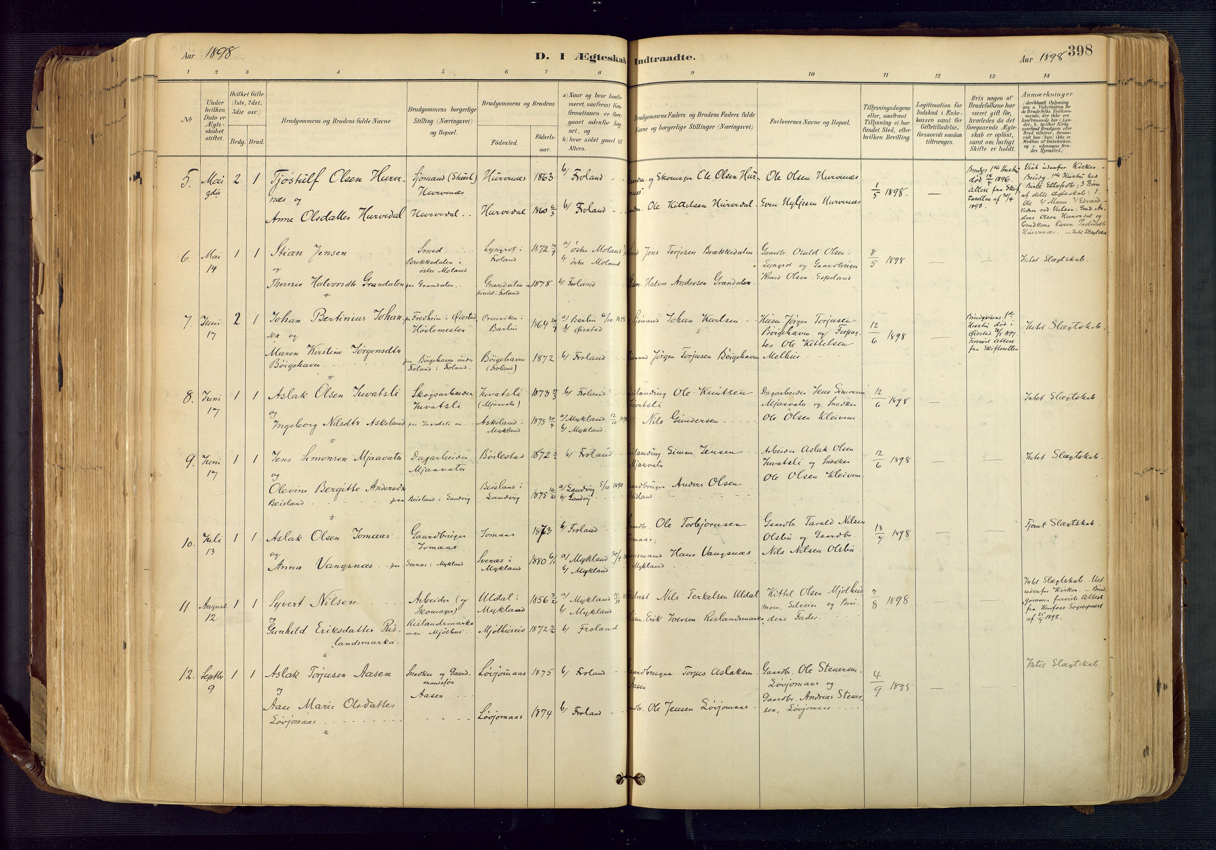 Froland sokneprestkontor, SAK/1111-0013/F/Fa/L0005: Parish register (official) no. A 5, 1882-1921, p. 398