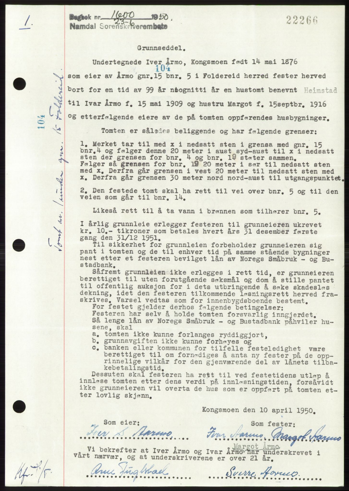 Namdal sorenskriveri, AV/SAT-A-4133/1/2/2C: Mortgage book no. -, 1950-1950, Diary no: : 1600/1950