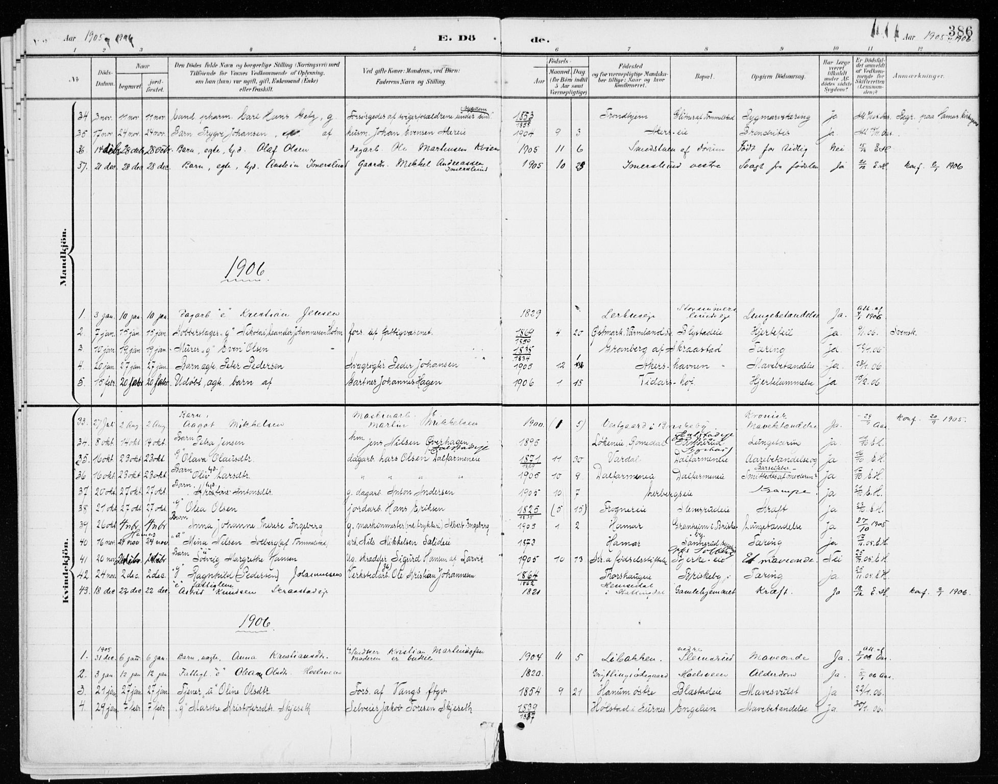 Vang prestekontor, Hedmark, SAH/PREST-008/H/Ha/Haa/L0021: Parish register (official) no. 21, 1902-1917, p. 386