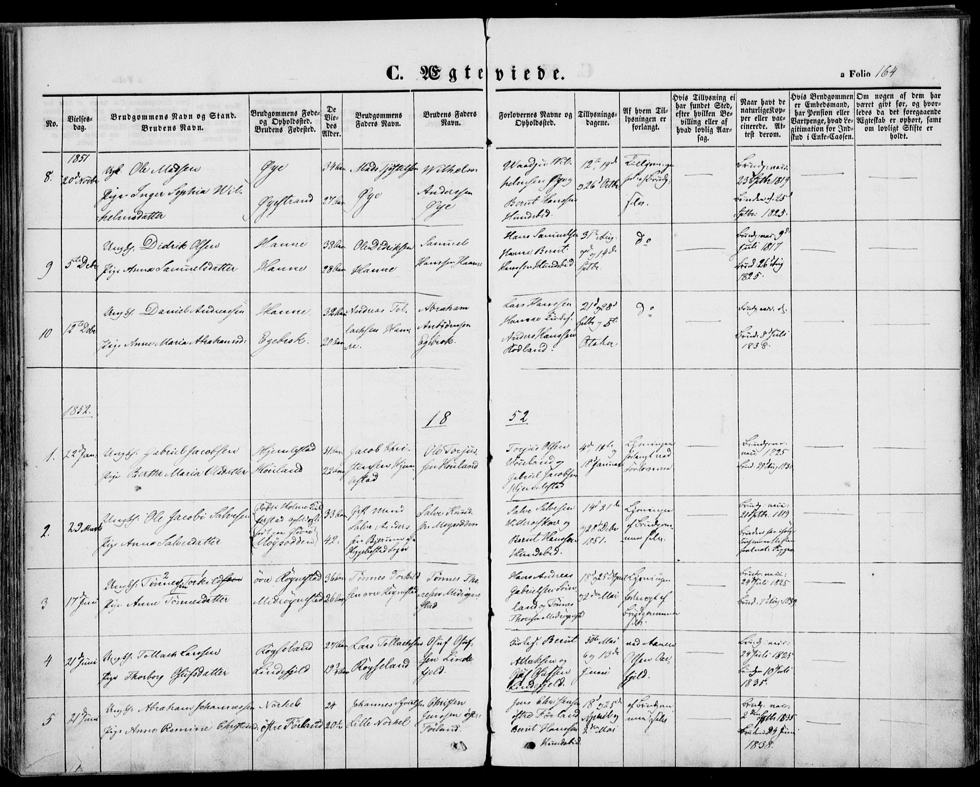 Kvinesdal sokneprestkontor, SAK/1111-0026/F/Fa/Fab/L0005: Parish register (official) no. A 5, 1844-1857, p. 164