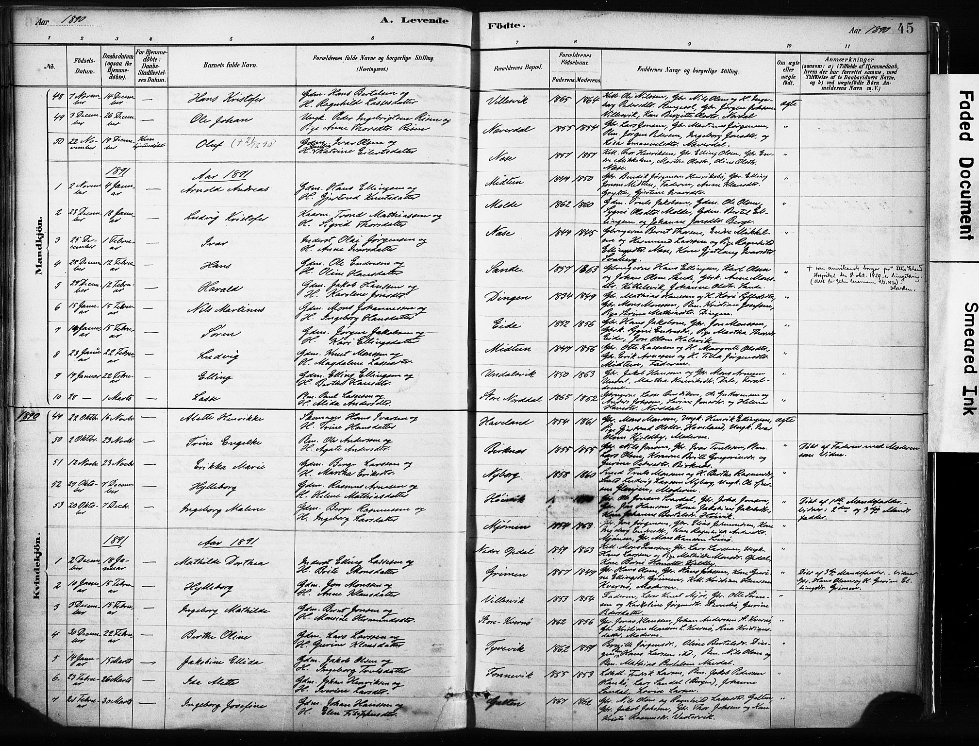Gulen sokneprestembete, SAB/A-80201/H/Haa/Haab/L0001: Parish register (official) no. B 1, 1881-1905, p. 47(v) 45(h)