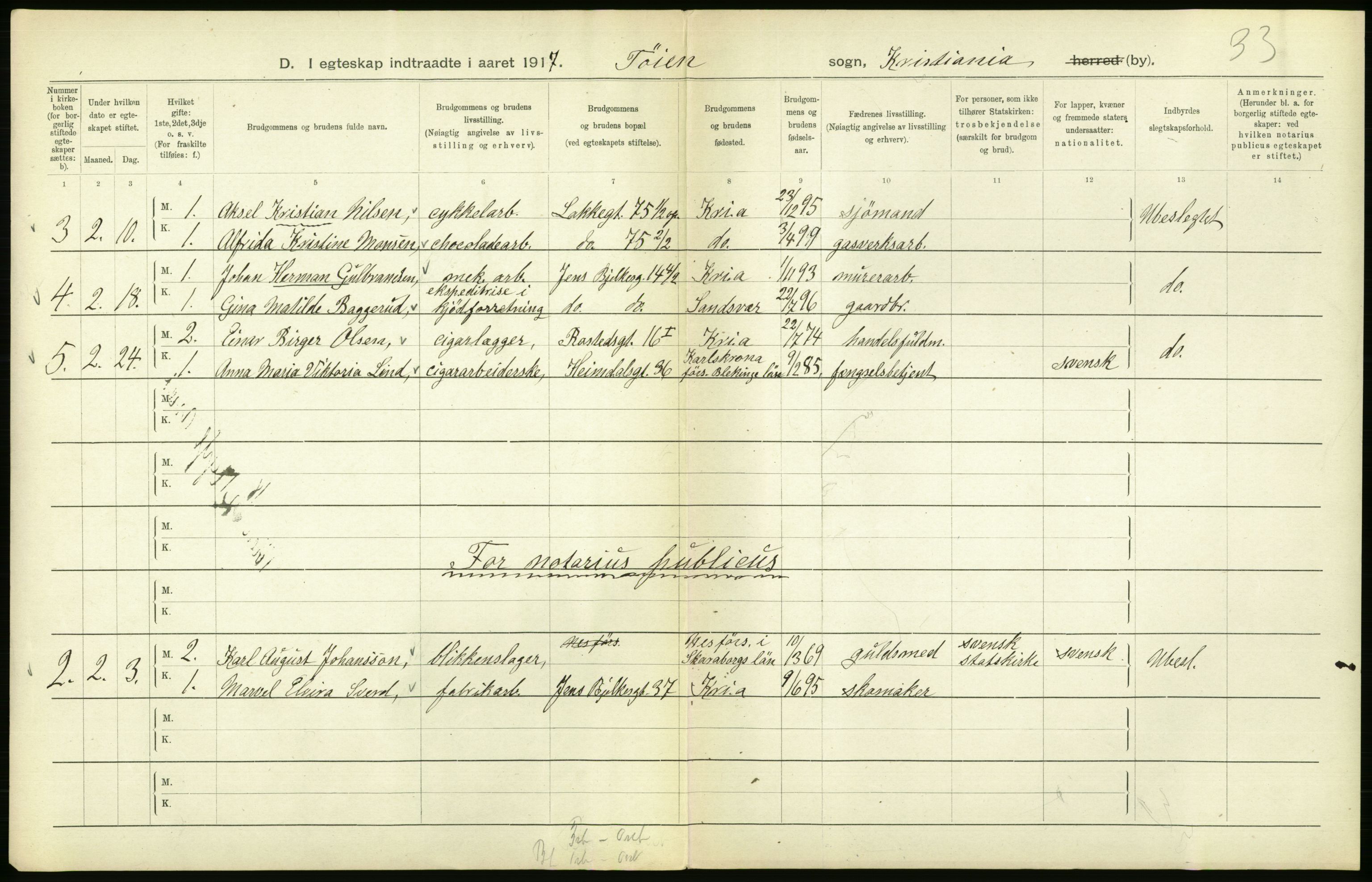 Statistisk sentralbyrå, Sosiodemografiske emner, Befolkning, AV/RA-S-2228/D/Df/Dfb/Dfbg/L0009: Kristiania: Gifte, 1917, p. 316