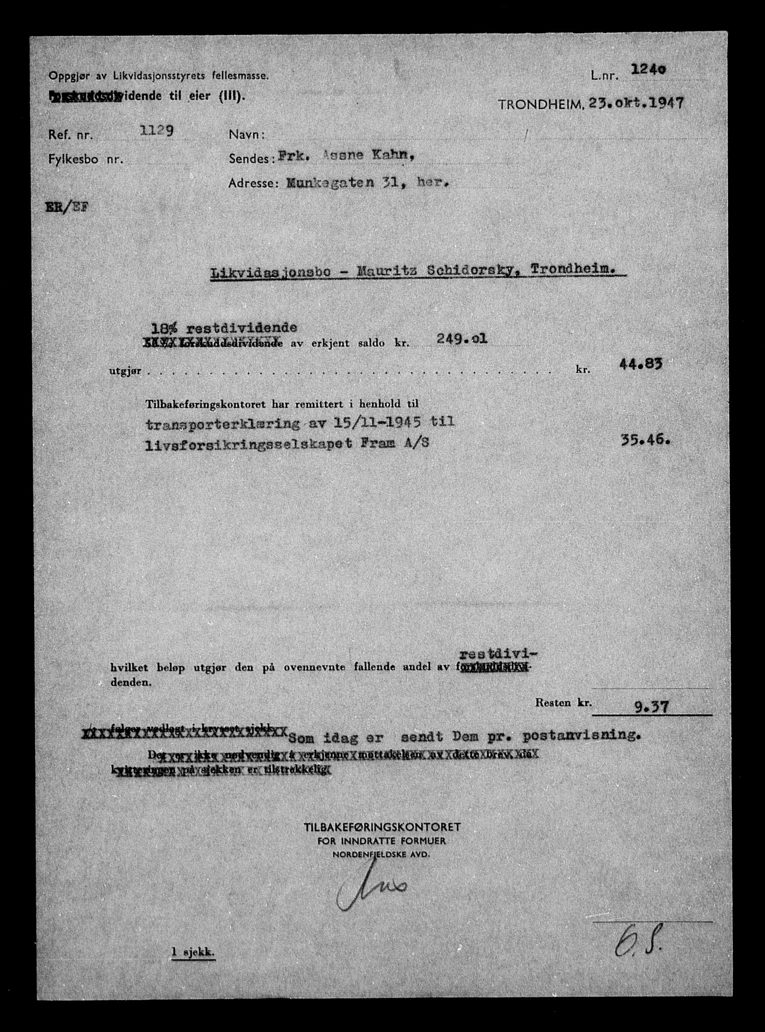 Justisdepartementet, Tilbakeføringskontoret for inndratte formuer, AV/RA-S-1564/H/Hc/Hca/L0908: --, 1945-1947, p. 55