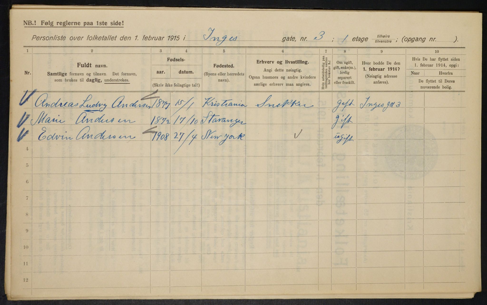 OBA, Municipal Census 1915 for Kristiania, 1915, p. 43396