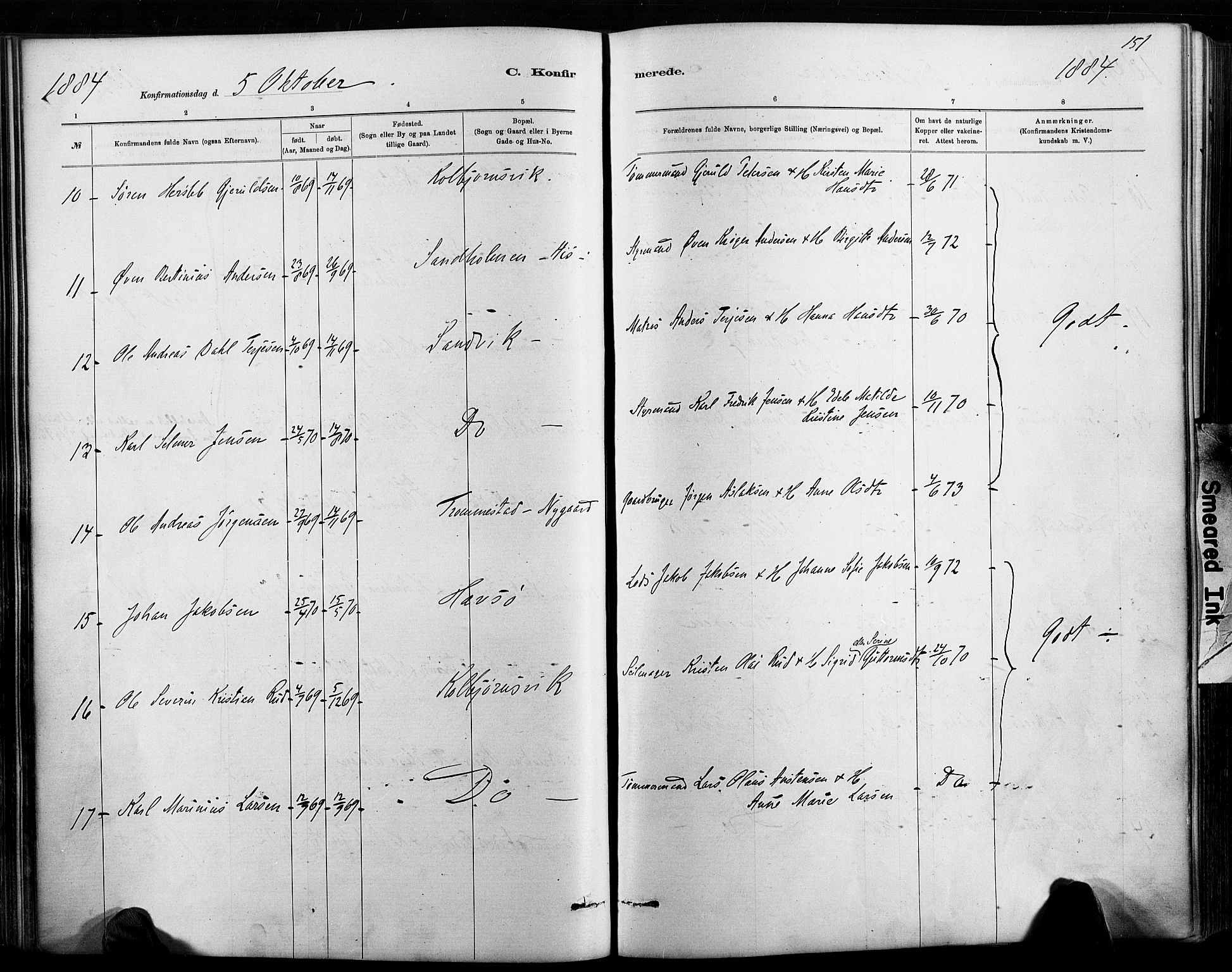 Hisøy sokneprestkontor, AV/SAK-1111-0020/F/Fa/L0003: Parish register (official) no. A 3, 1881-1894, p. 151