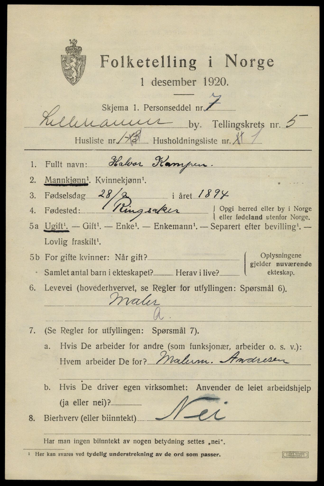 SAH, 1920 census for Lillehammer, 1920, p. 7658