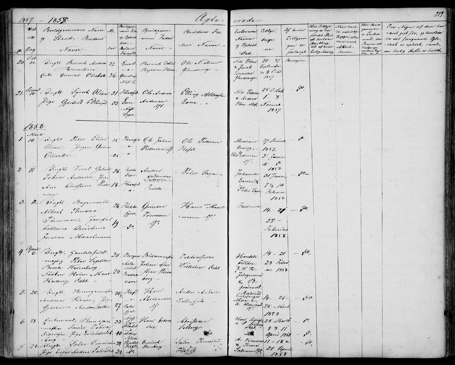 Flekkefjord sokneprestkontor, SAK/1111-0012/F/Fb/Fbc/L0005: Parish register (copy) no. B 5, 1846-1866, p. 279