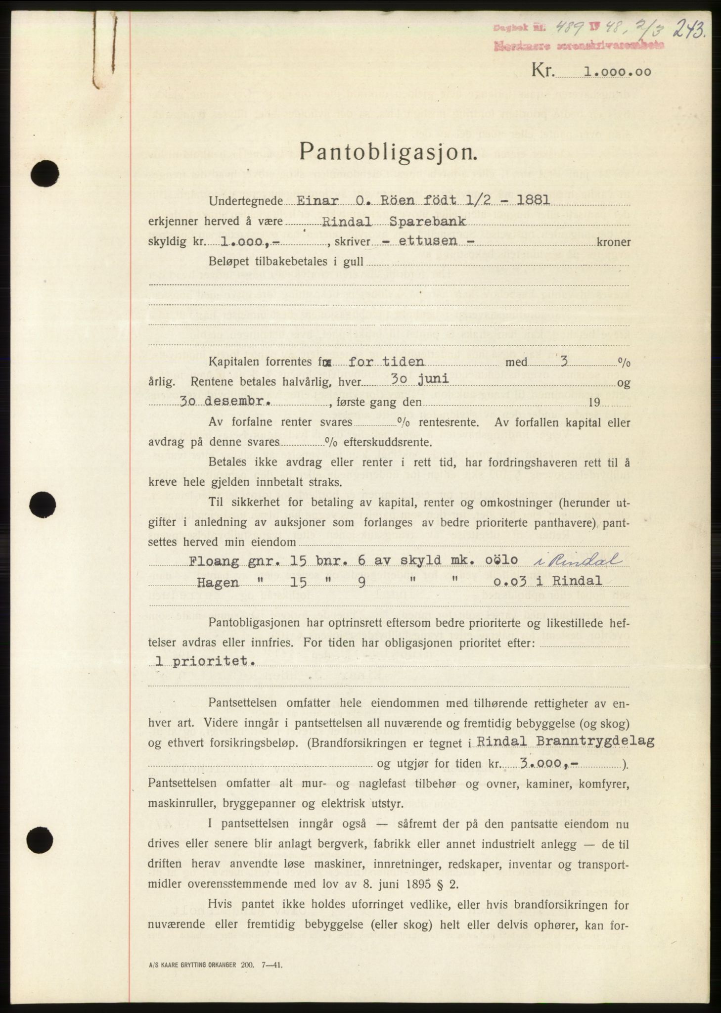 Nordmøre sorenskriveri, AV/SAT-A-4132/1/2/2Ca: Mortgage book no. B98, 1948-1948, Diary no: : 489/1948