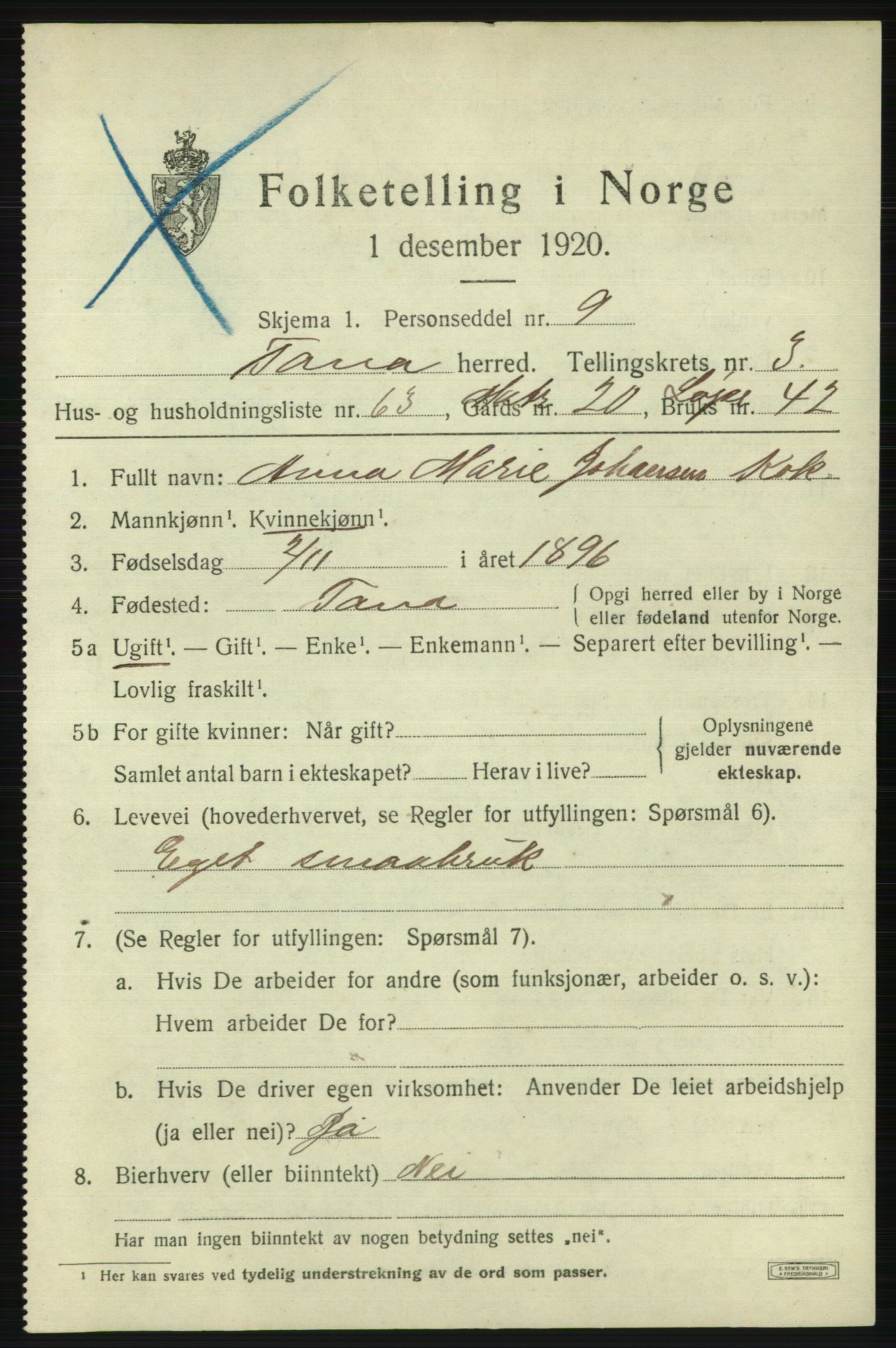 SATØ, 1920 census for Tana, 1920, p. 3016