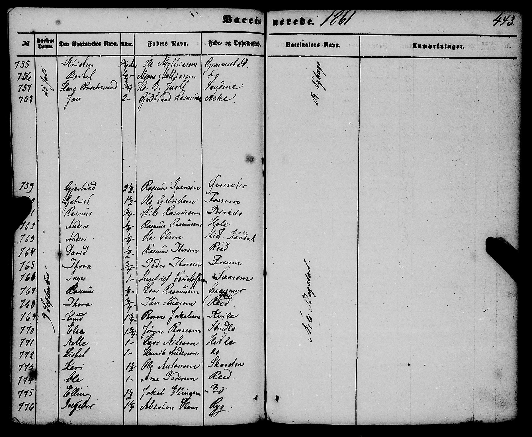 Gloppen sokneprestembete, AV/SAB-A-80101/H/Haa/Haaa/L0009: Parish register (official) no. A 9, 1855-1870, p. 443