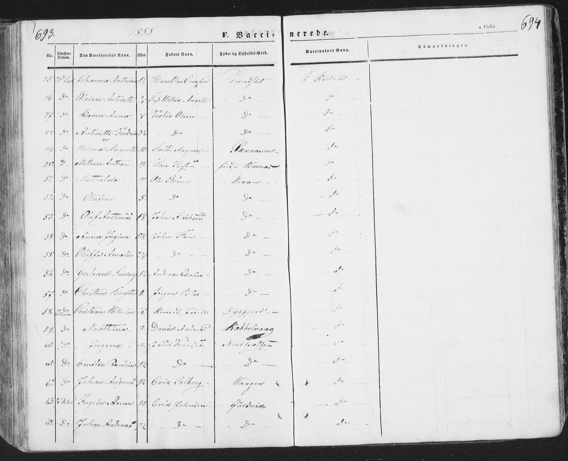 Ministerialprotokoller, klokkerbøker og fødselsregistre - Nordland, AV/SAT-A-1459/874/L1072: Parish register (copy) no. 874C01, 1843-1859, p. 693-694